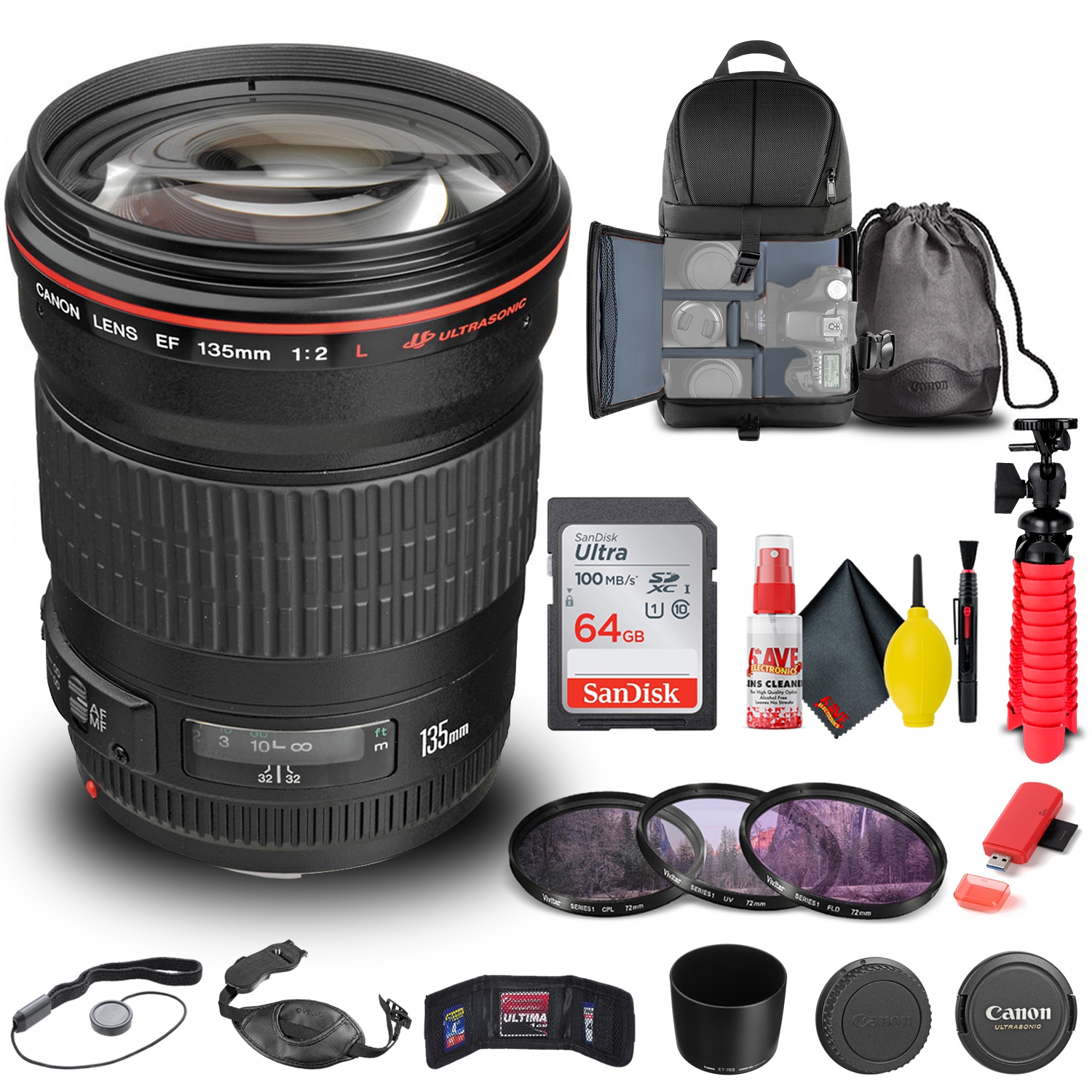 Canon EF 135mm f/2L USM Lens (2520A004) + Filter + BackPack + 64GB