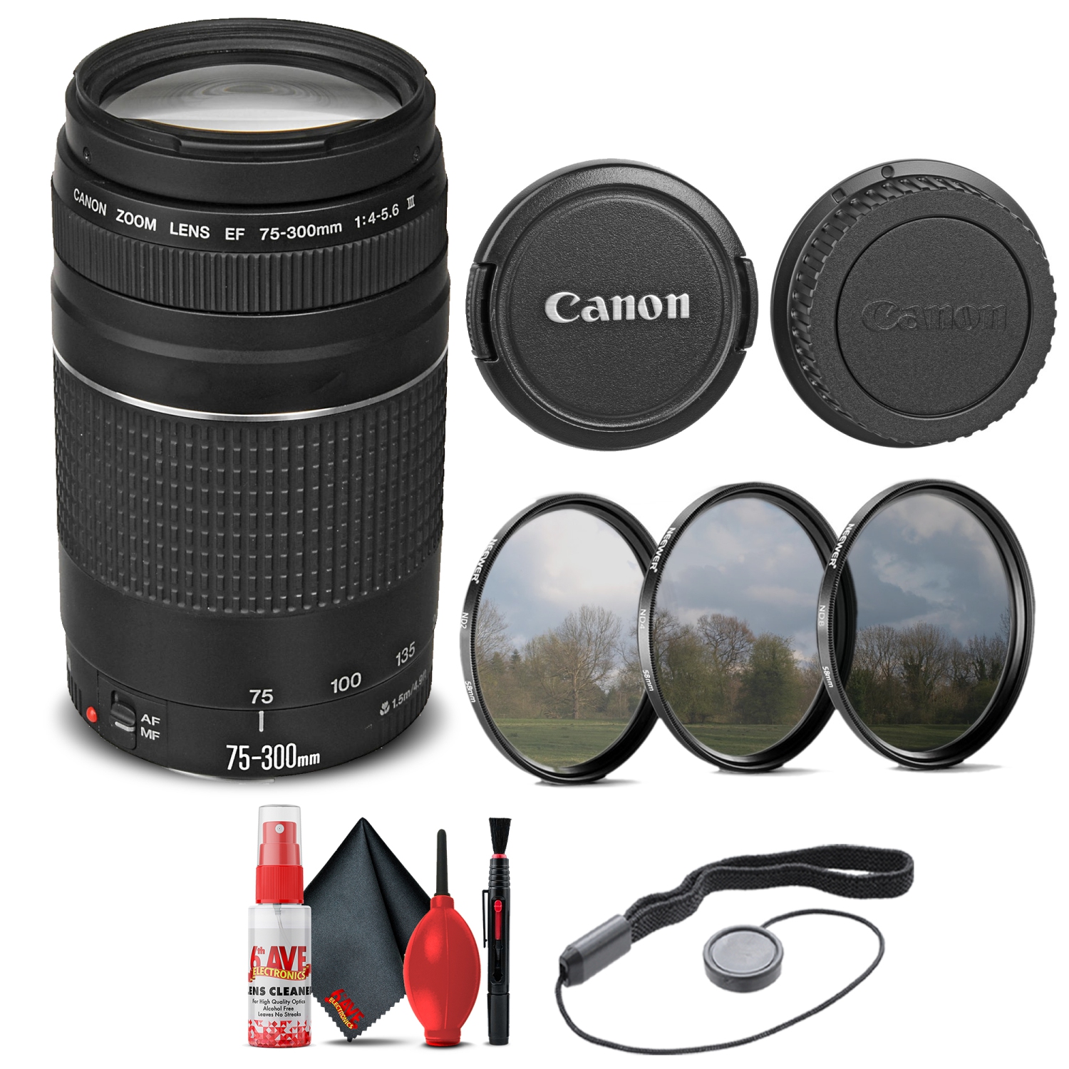Canon EF 75-300mm f/4-5.6 III Lens (6473A003) + Filter Kit + Cap Keeper Base Bundle