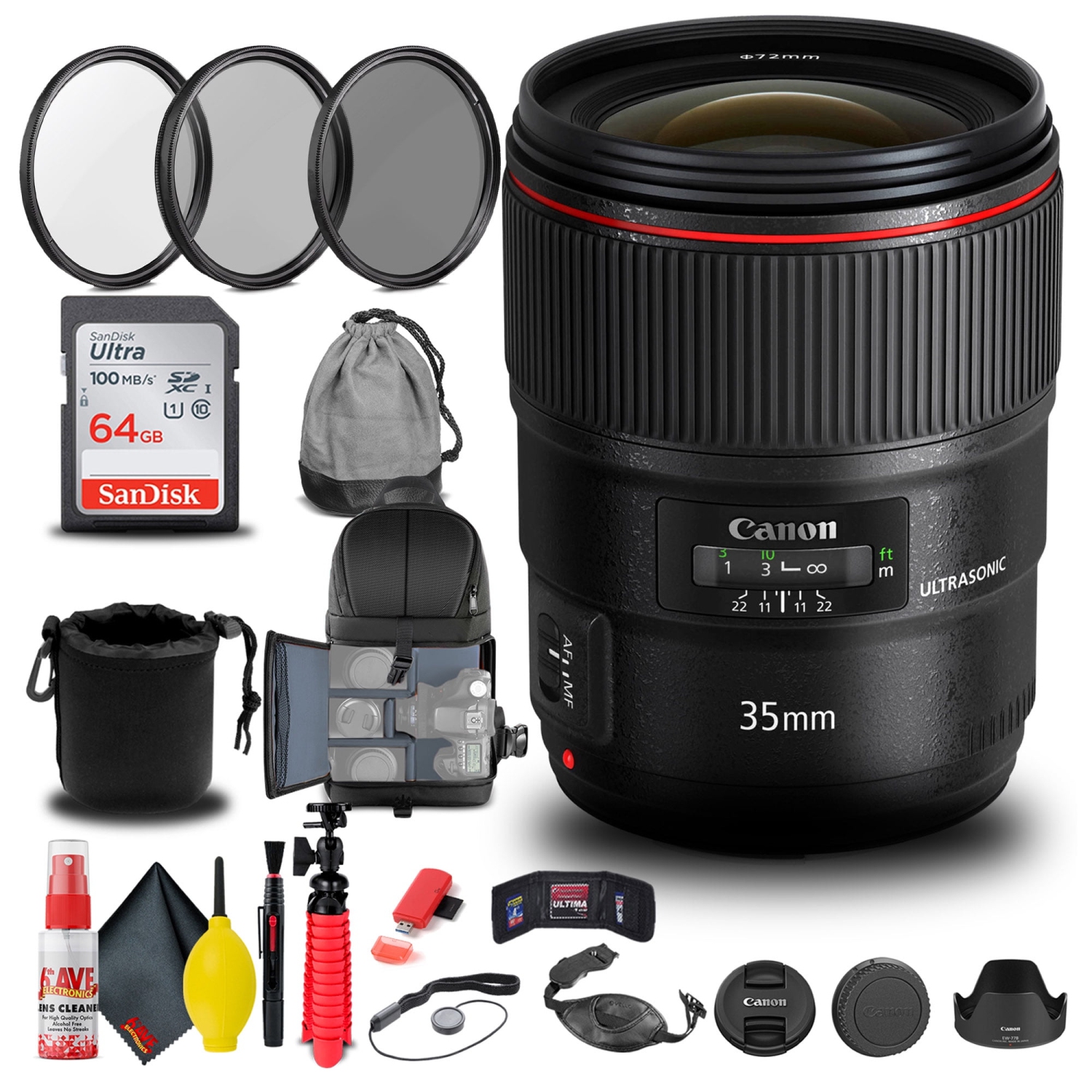 Objectif EF 35 mm f/1,4 L II USM de Canon + filtre + sac à dos + carte 64 Go + plus