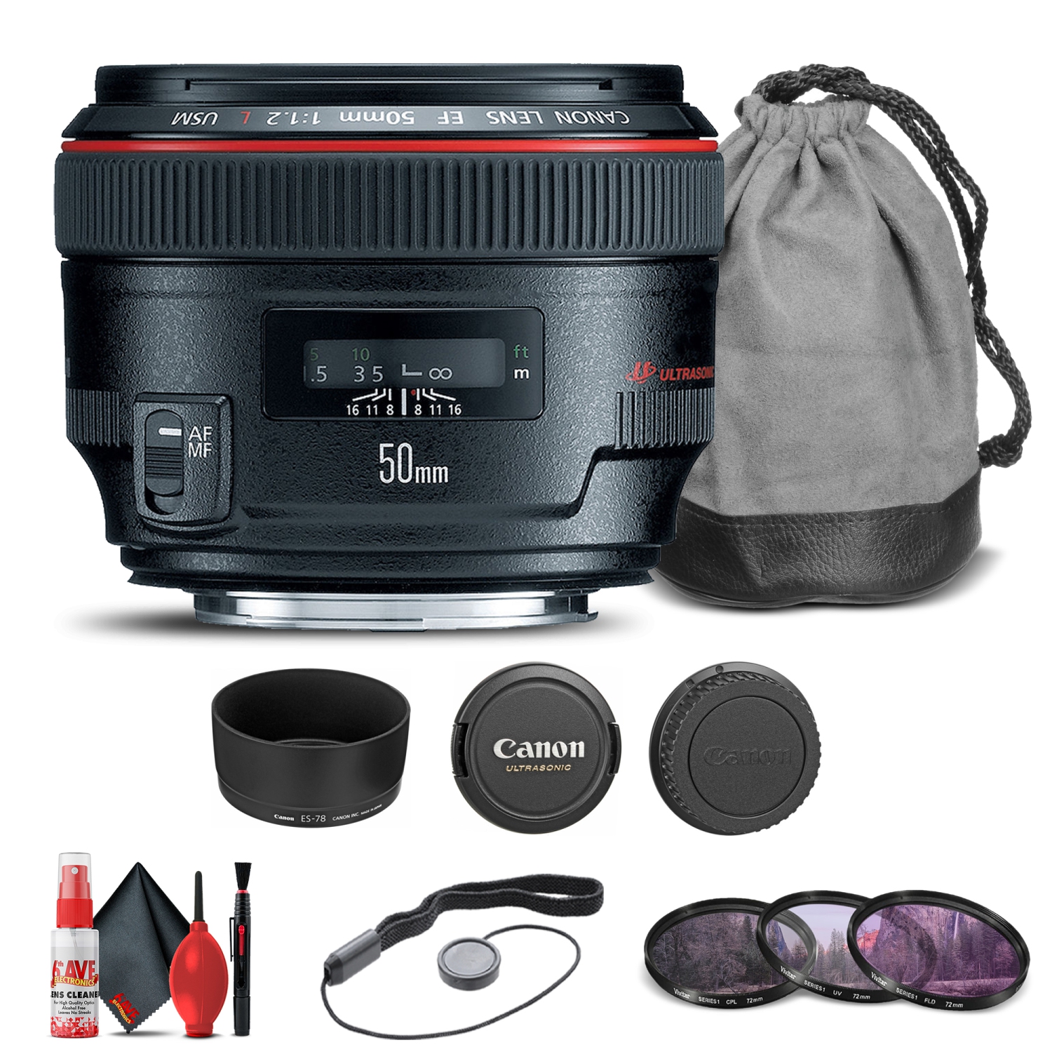 Canon EF 50mm f/1.2L USM Lens (1257B002) + Filter Kit + Cap Keeper Base Bundle