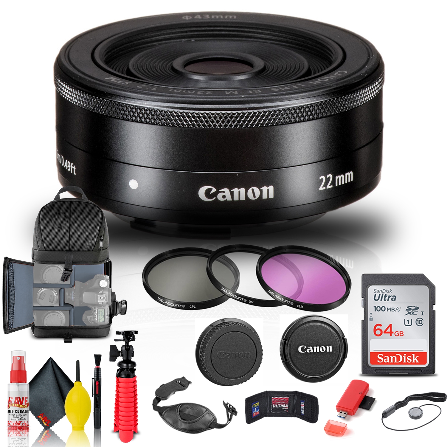 Canon EF-M 22mm f/2 STM Lens (5985B002) + Filter + BackPack + 64GB Card +  More