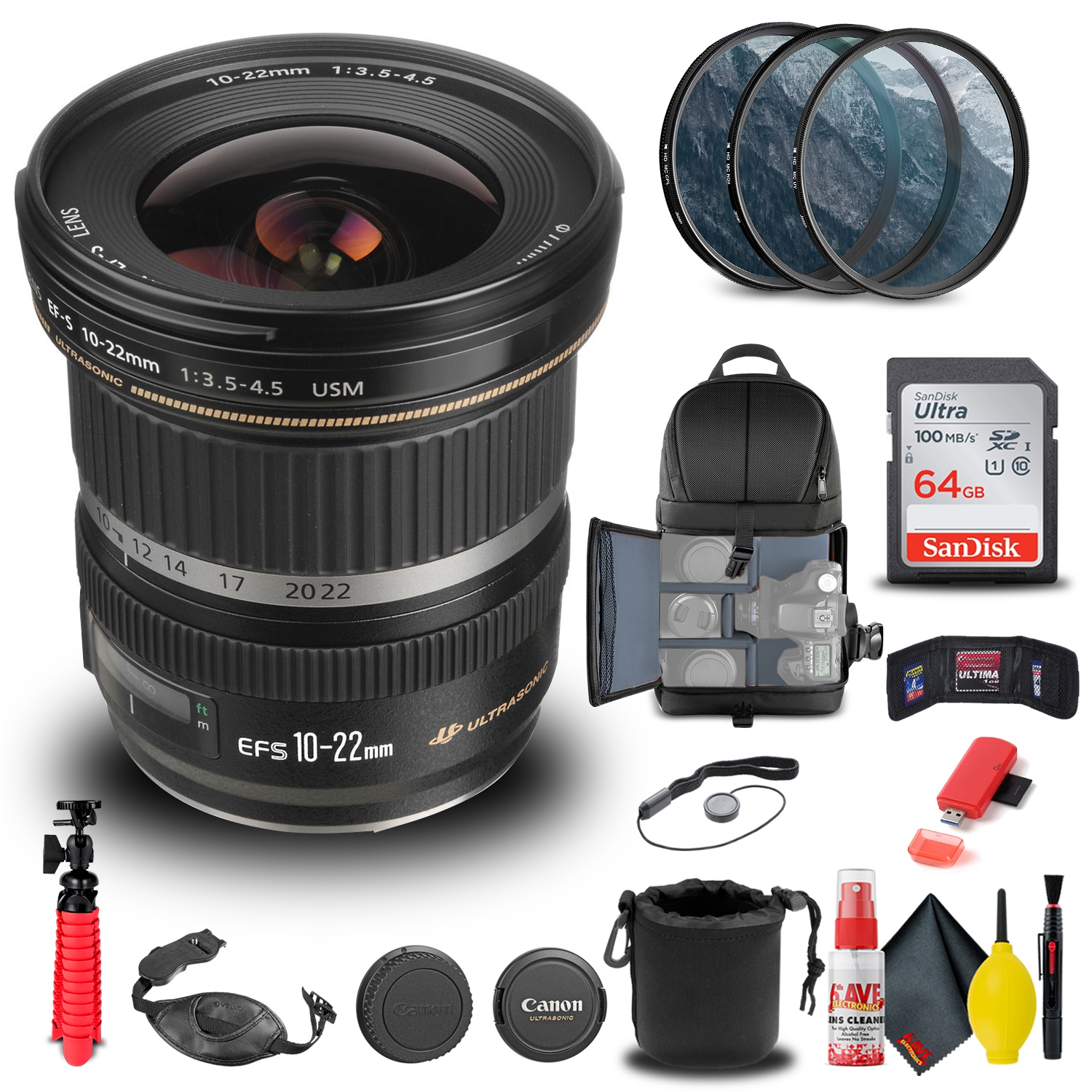 Canon EF-S 10-22mm f/3.5-4.5 USM Lens + Filter Kit + BackPack + More (International Version)