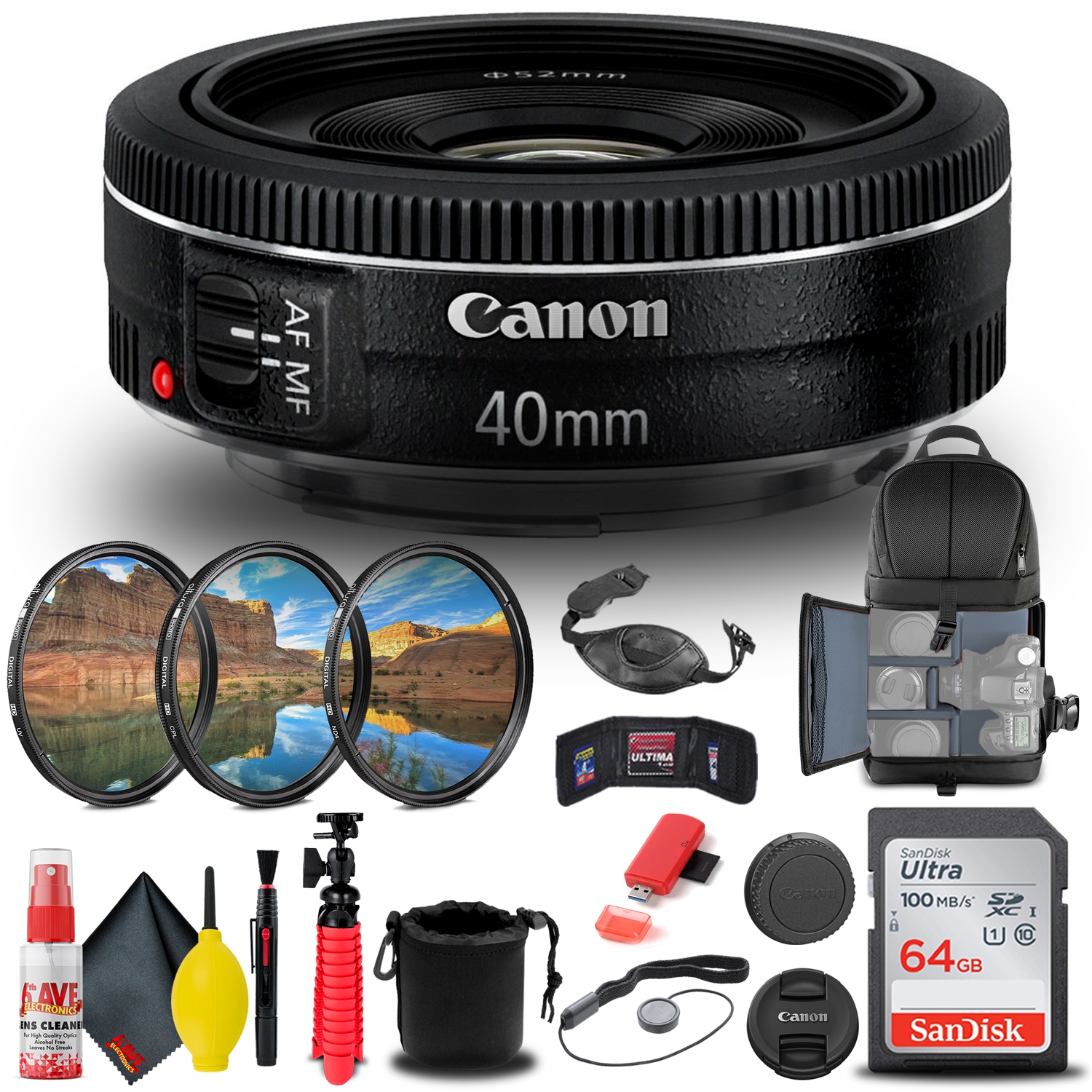 Canon EF 40mm f/2.8 STM Lens + Filter + BackPack + 64GB Card + More (International Version)