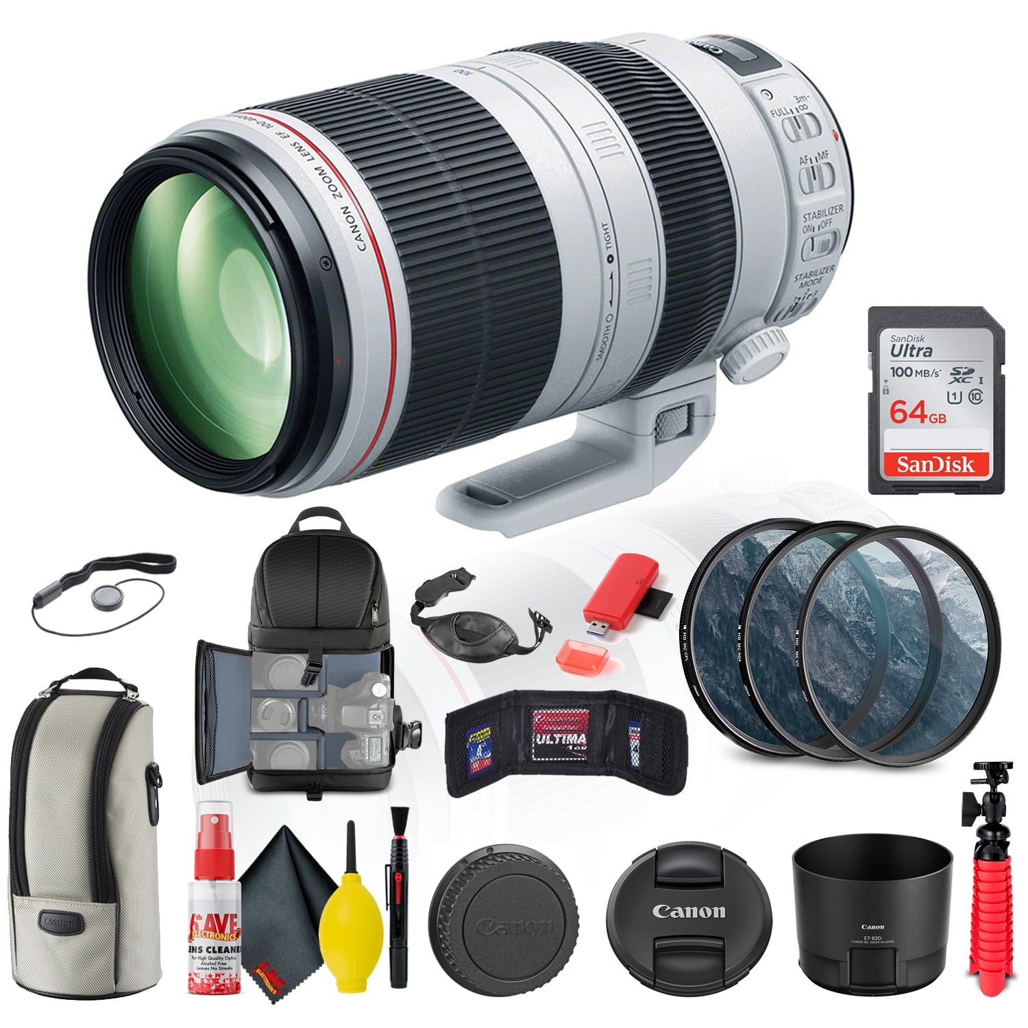 Canon EF 100-400mm f/4.5-5.6L IS II USM Lens + Filter Kit + More (International Version)
