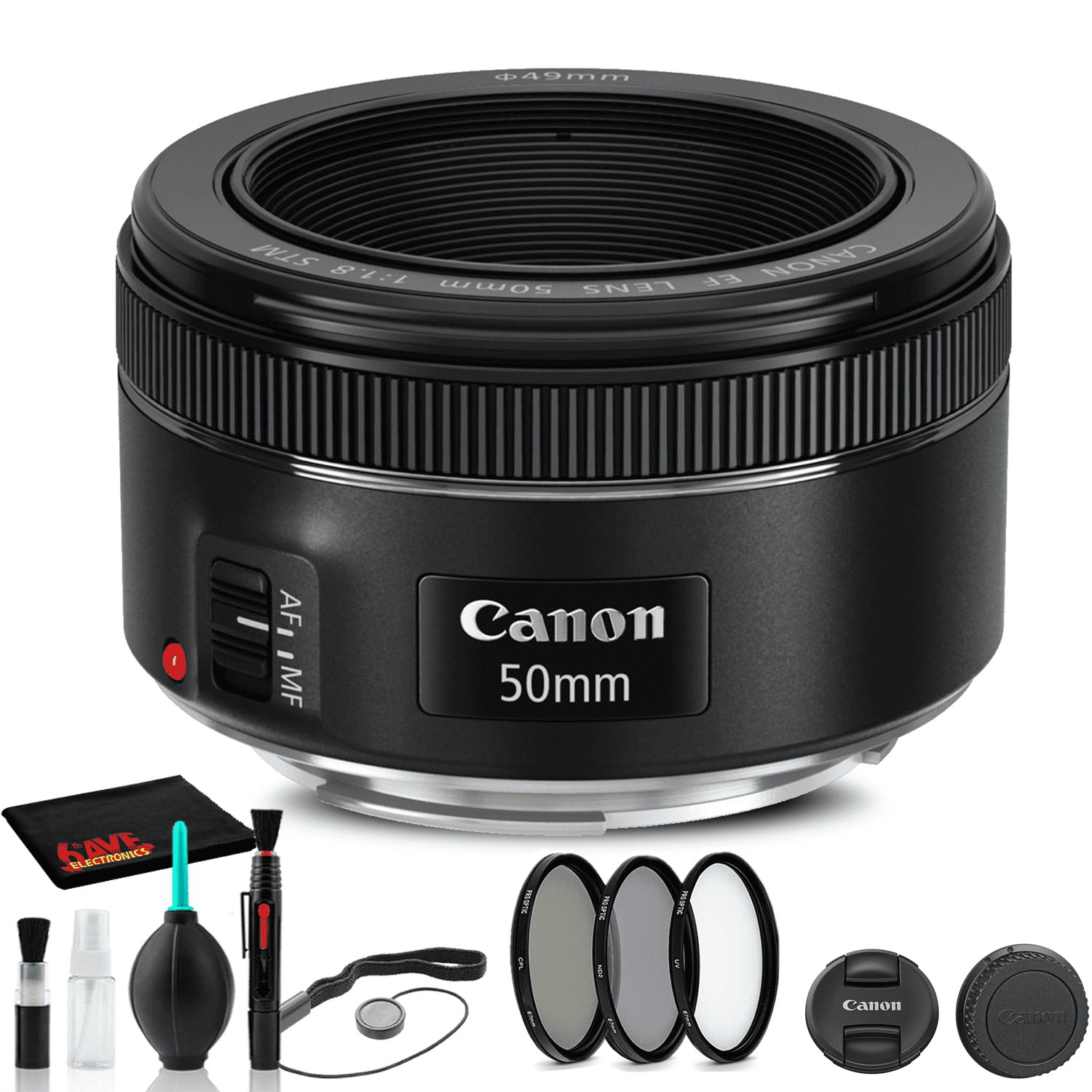 Objectif EF 50 mm f/1.8 STM de Canon avec trousse de filtre et base de protection