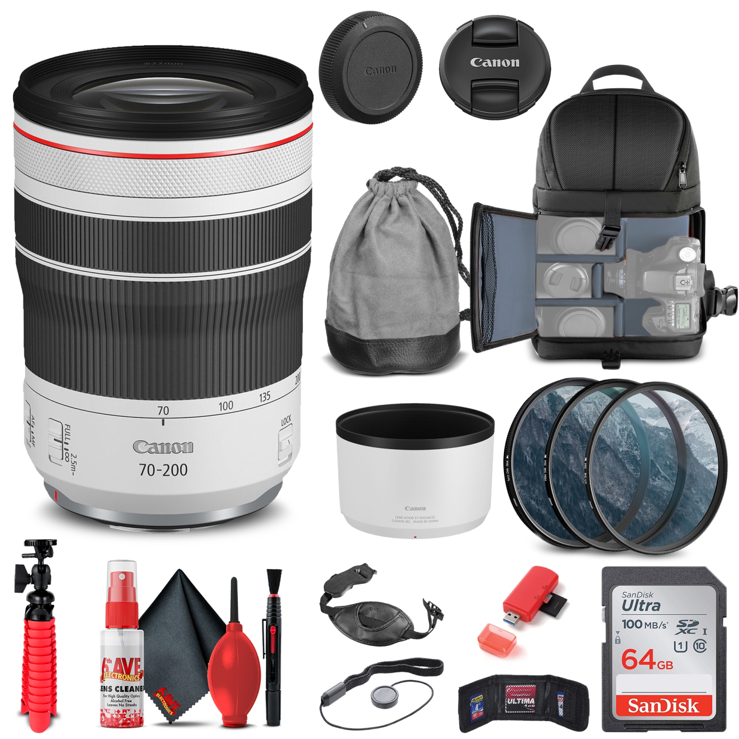 Objectif RF 70 mm f/4L IS USM de Canon + trousse de filtre + sac à dos + plus