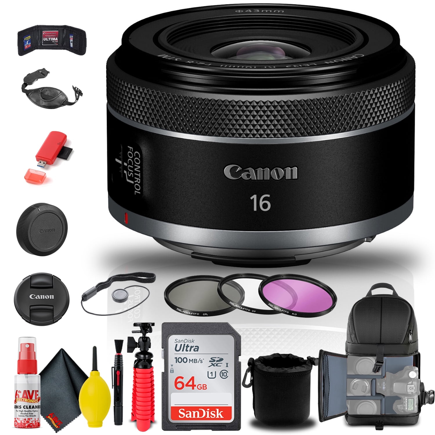 Objectif STM RF 16 mm f/2.8 de Canon + filtre + sac à dos + carte 64 Go + plus