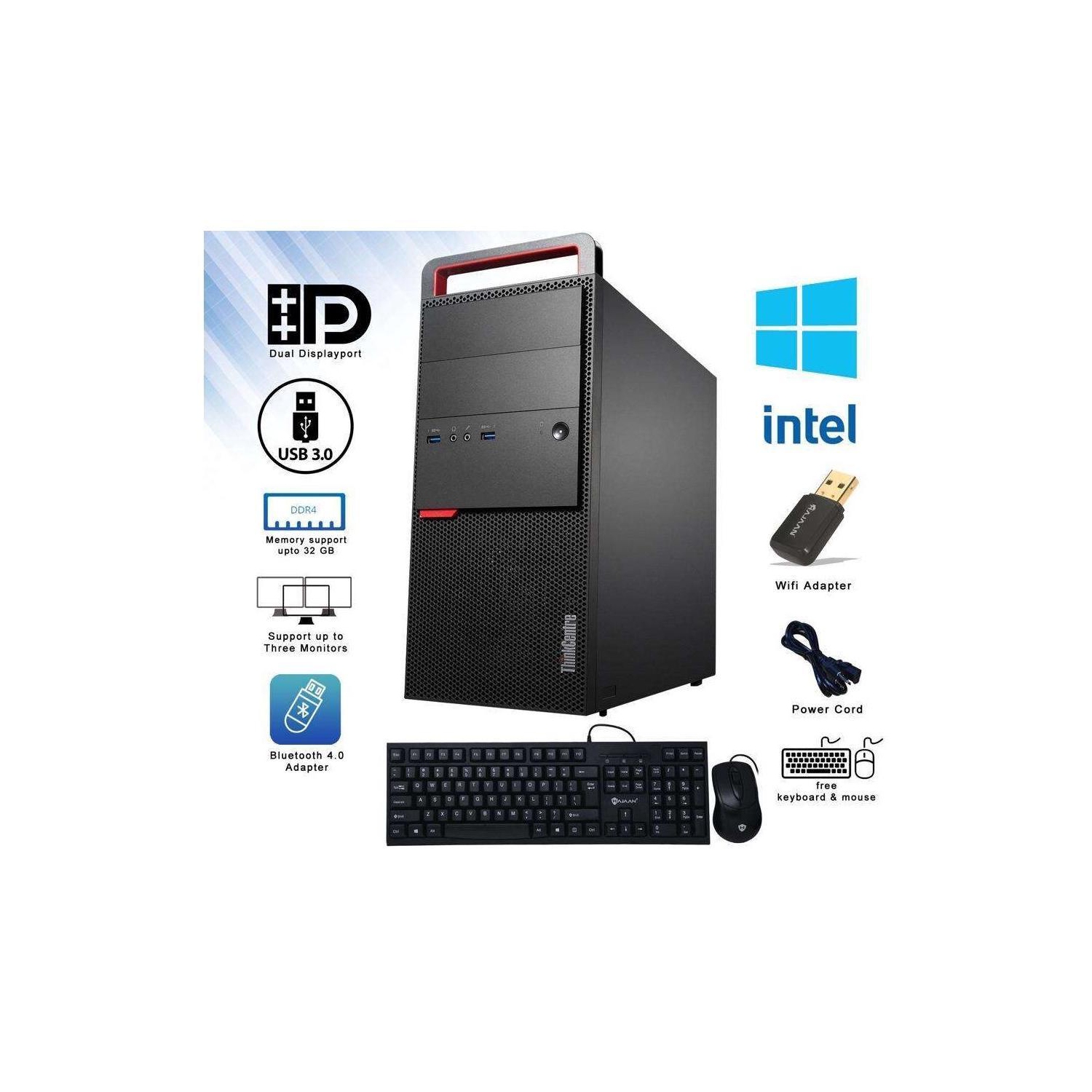 Refurbished - Lenovo ThinkCentre M900 Tower Desktop PC Intel Core i5 6th Gen 8GB 256GB SSD Windows 10 Pro New Keyboard, Mouse, Bluetooth Adapter,