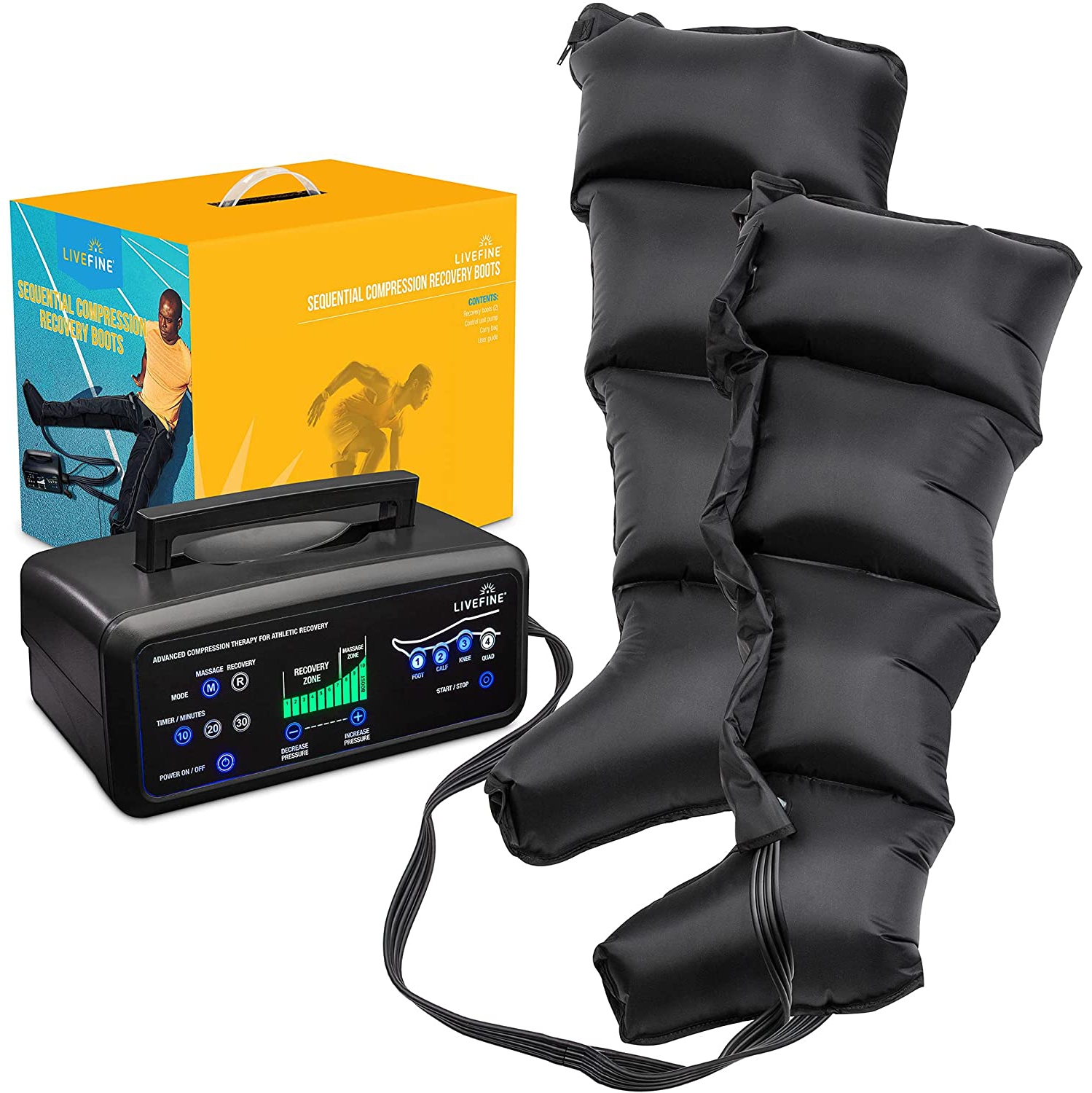 LiveFine Leg & Calf Air Massager | Foot & Calf Boots for Circulation and Relaxation | Advanced Exerciser for Feet, Calves, Knees & Quads with Pressure Control | Timer