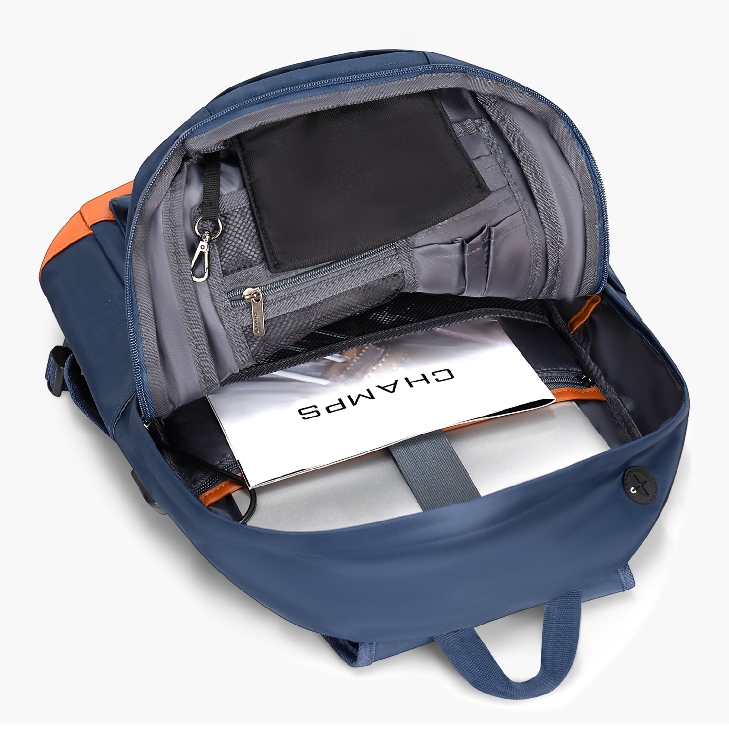 CHAMPS sac à dos imperméable pour ordinateur portable avec port de charge USB, Bleu Marine