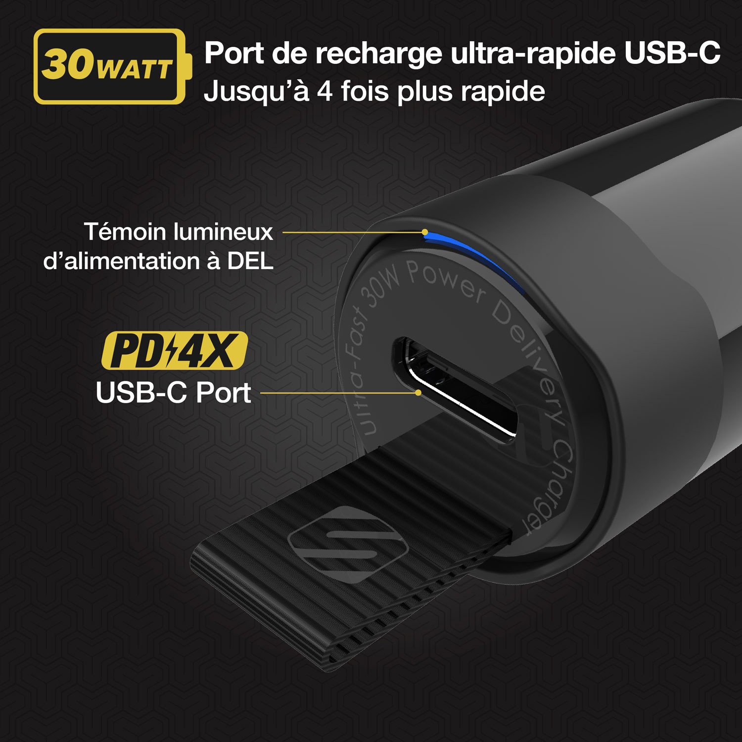 Mini chargeur pour l'auto PowerVolt 3.0 PowerVolt 30 W de Scosche - Noir
