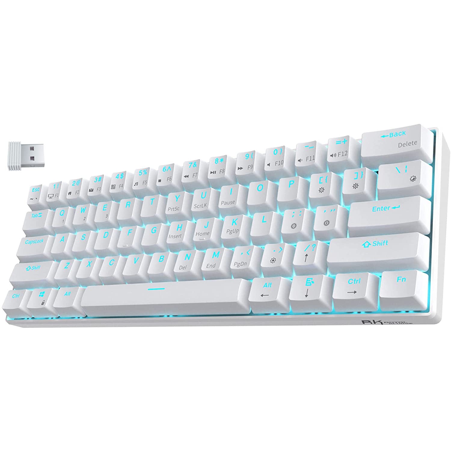 RK ROYAL KLUDGE RK61 Wireless 60% Mechanical Gaming Keyboard, Ultra-Compact Bluetooth Keyboard with Linear and Quiet Red Switch, Compatible for Multi-Device Connection, White