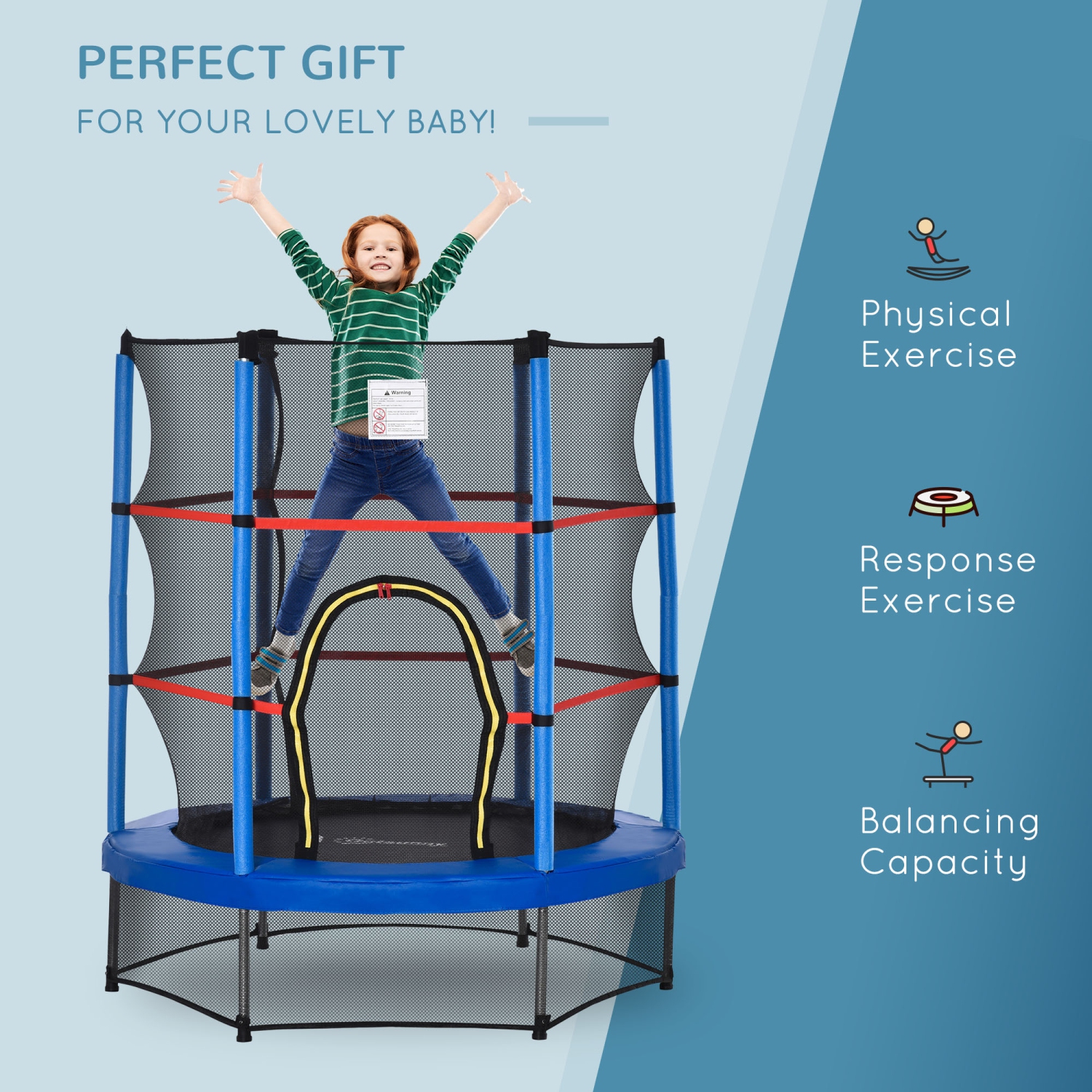 Outsunny 55" Kids Trampoline with Enclosure Net Steel Frame Indoor Round Bouncer Rebounder Age 3 to 6 Years Old, Blue