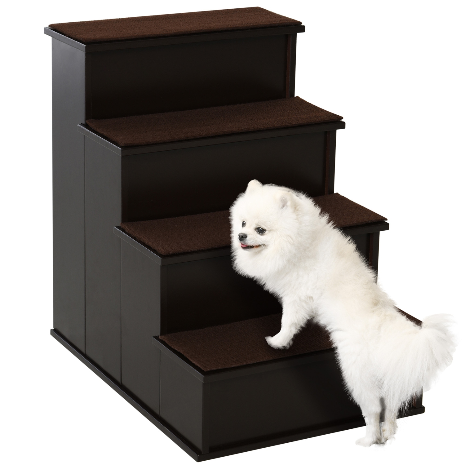 PawHut Pet Stairs Dog Steps for High Bed, 4 Levels Dog Stairs for Car, Wooden Cat Ladder with Non-Slip Carpet, 15.7" L x 23.2" W x 21.3" H, Dark