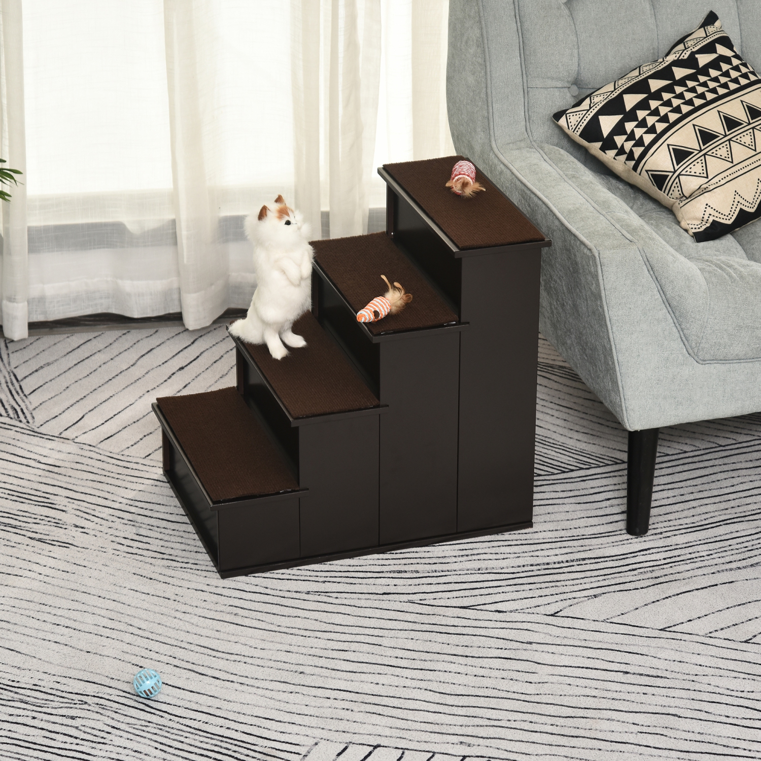 PawHut Pet Stairs Dog Steps for High Bed, 4 Levels Dog Stairs for Car, Wooden Cat Ladder with Non-Slip Carpet, 15.7" L x 23.2" W x 21.3" H, Dark