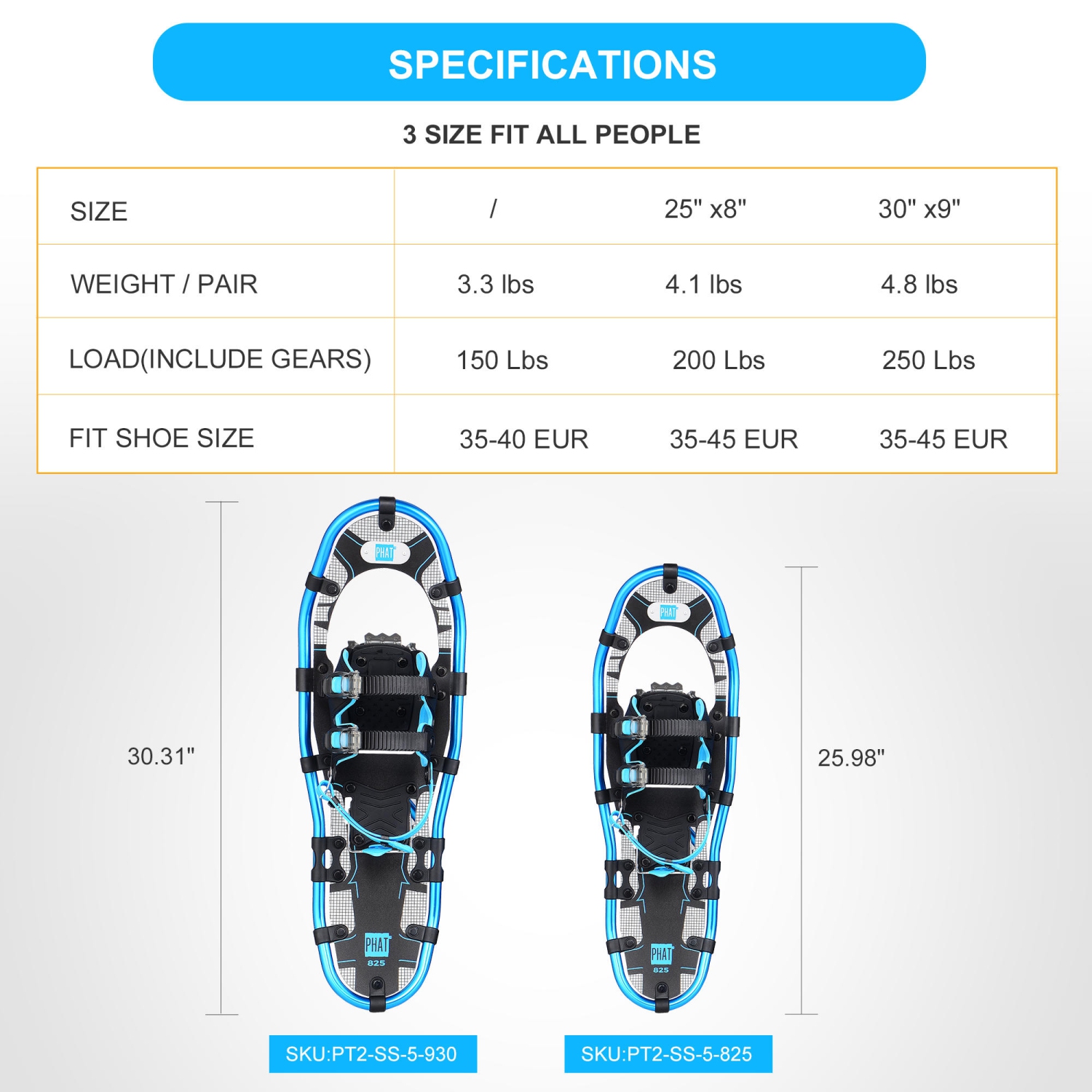 Raquettes tout-terrain en aluminium légères pour hommes PHAT, dames, attache entièrement réglable, traction à crampons et soulèvement de talon -