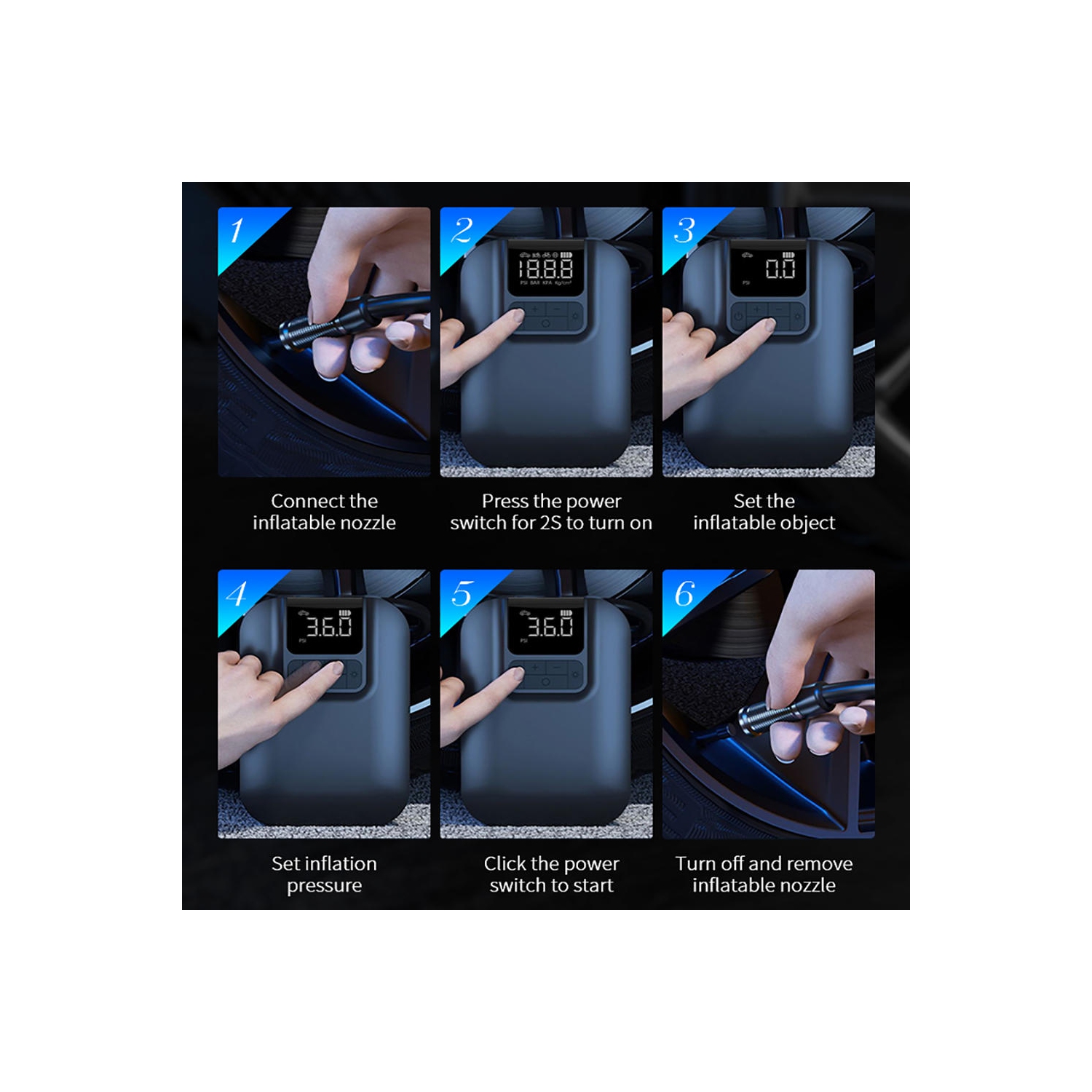 Affichage numérique et contrôle intelligent de la pompe à air électrique portable avec batterie rechargeable de 5 000 mAh, en 4 unités