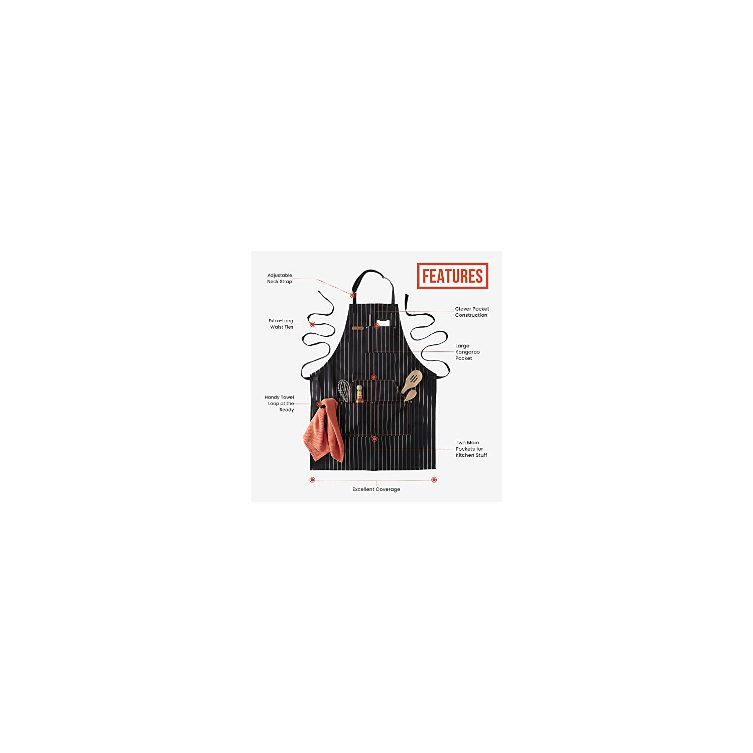 Chef Pomodoro Kitchen Apron, Classic Striped, Unisex Chef Apron, Adjustable Neck and Back Straps, 5+ Pockets, Towel Loops