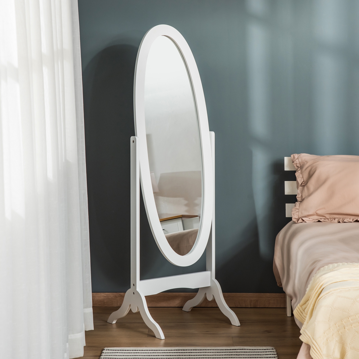 Miroir pleine longueur de HOMCOM, miroir de corps autonome avec cadre ovale, angle réglable pour dressing, chambre, salon, blanc