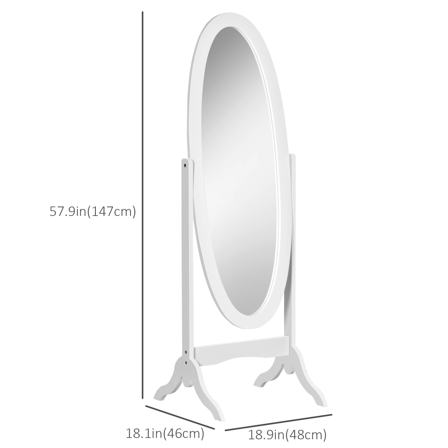 Miroir pleine longueur de HOMCOM, miroir de corps autonome avec cadre ovale, angle réglable pour dressing, chambre, salon, blanc