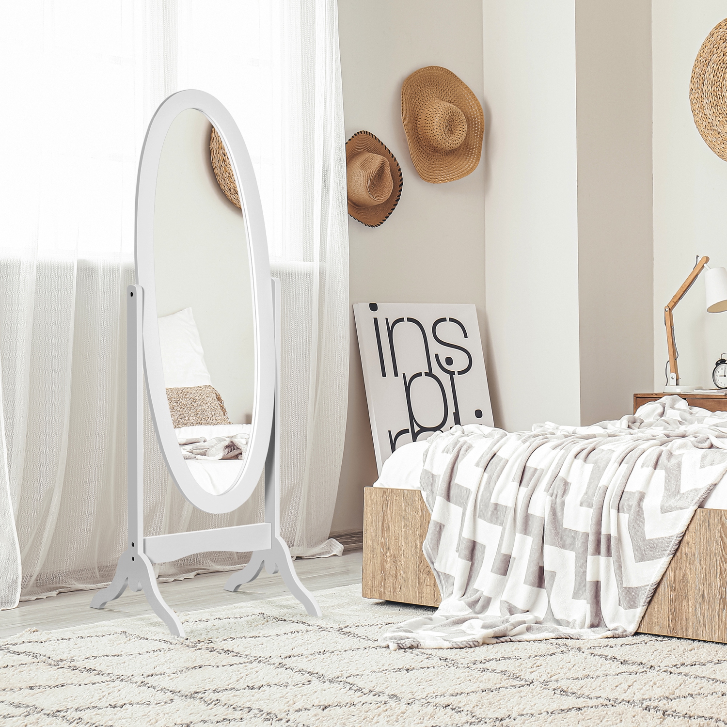 Miroir pleine longueur de HOMCOM, miroir de corps autonome avec cadre ovale, angle réglable pour dressing, chambre, salon, blanc
