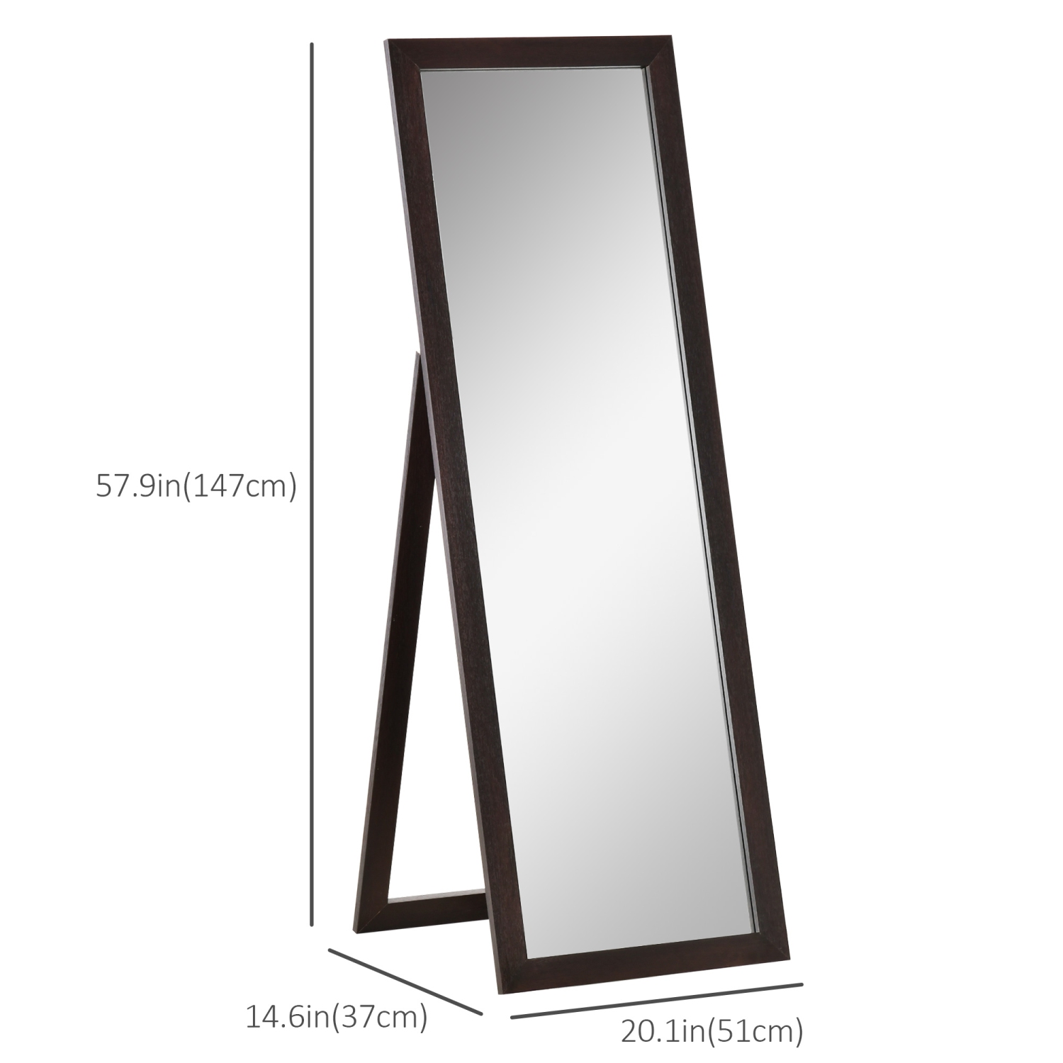 HOMCOM 58" x 20" Full Length Mirror with Frame, Floor Standing Mirror, Rectangular Full Body Mirror for Bedroom, Living Room, Brown