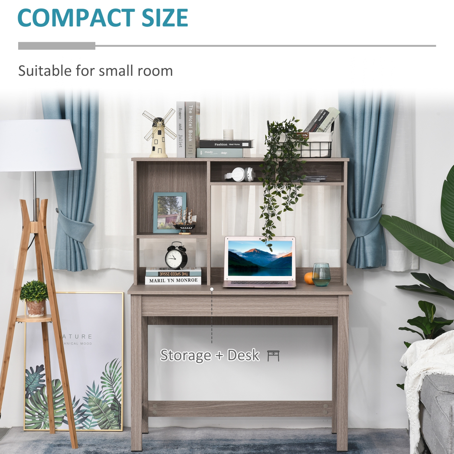 HOMCOM 41" Computer Desk with Storage, Writing Table with Hutch, Shelves and Open Compartments, Work Desk for Home Office, Brown