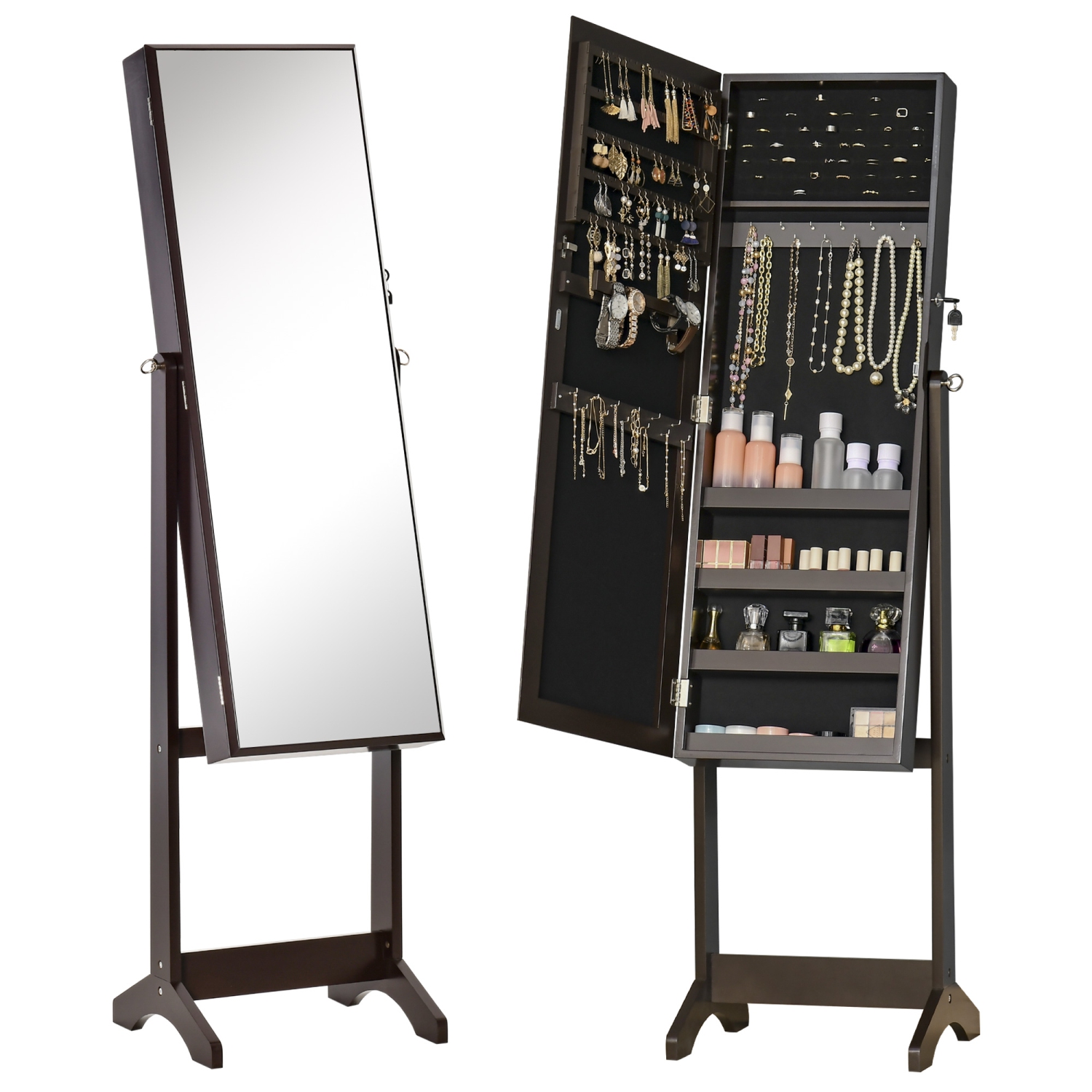 HOMCOM Mirror Jewelry Cabinet Armoire, Lockable Jewelry Organizer with Full-Length Mirror, 3 Angle Adjustable, Brown