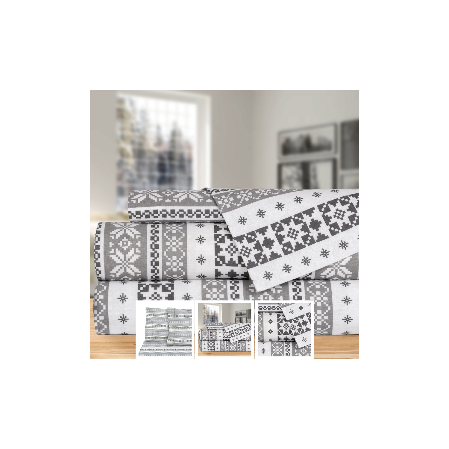Bebelelo Flannel Rustic Cabin Argyle Snowflakes Twin Bed Sheet Set of 3
