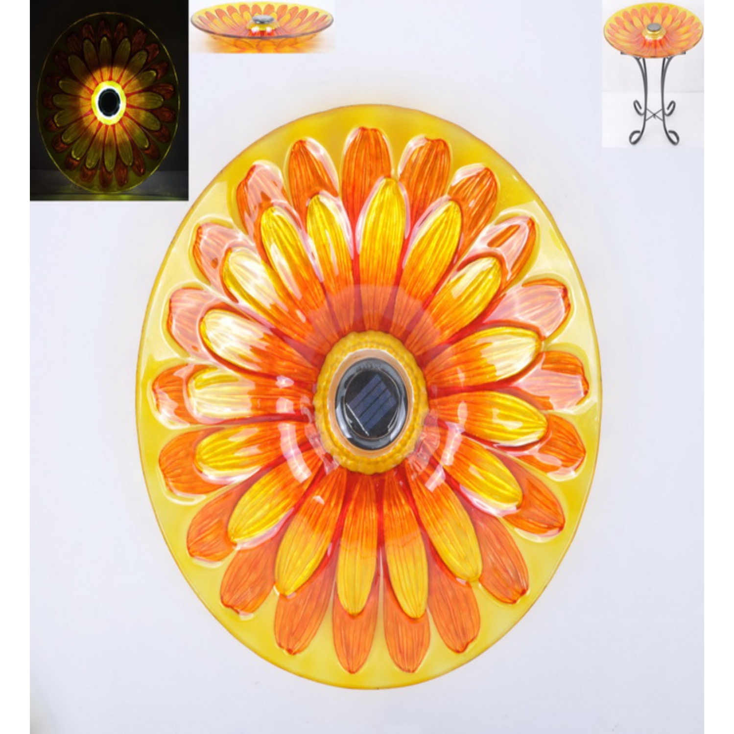 Hi-Line Gift Ltd Solar Floral Glass Bird Bath with Stand