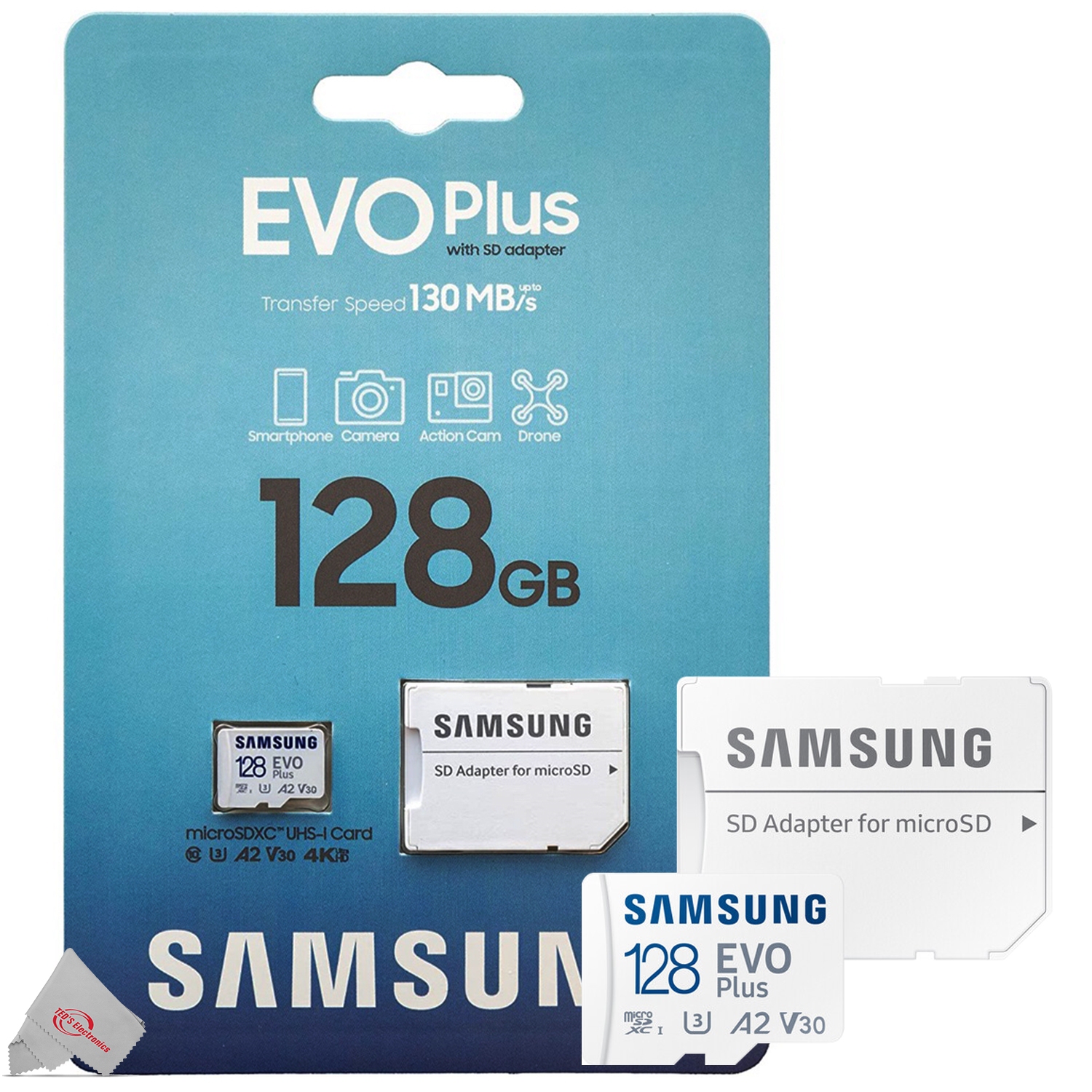 Carte mémoire microSD 128 Go, 130 Mo/s EVO plus de Samsung avec adaptateur