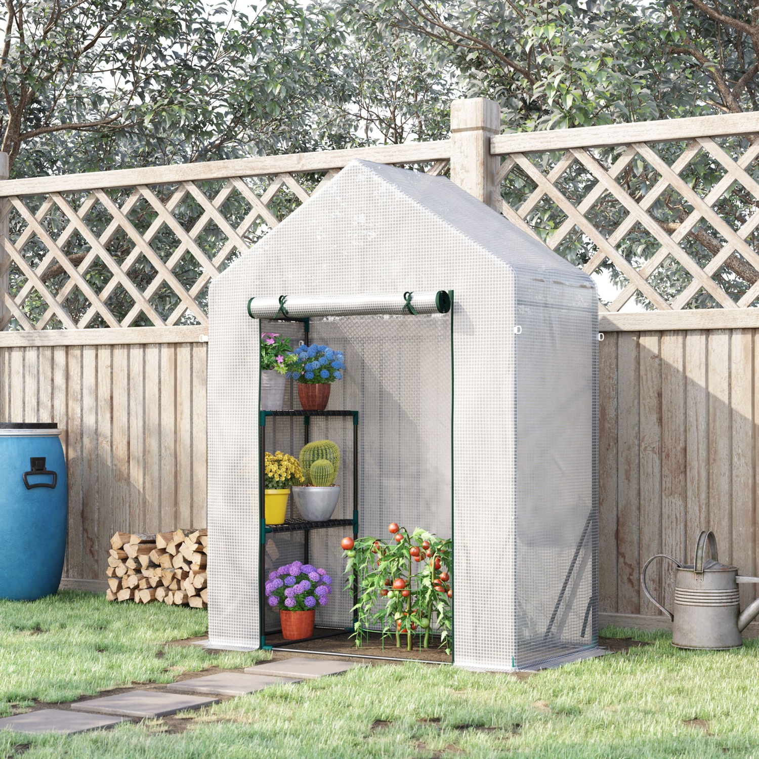 Jardinière extérieure Outsunny, 56 x 29 po, maison chaude de jardin portative avec tablette à 2 niveaux, porte enroulable à fermeture à