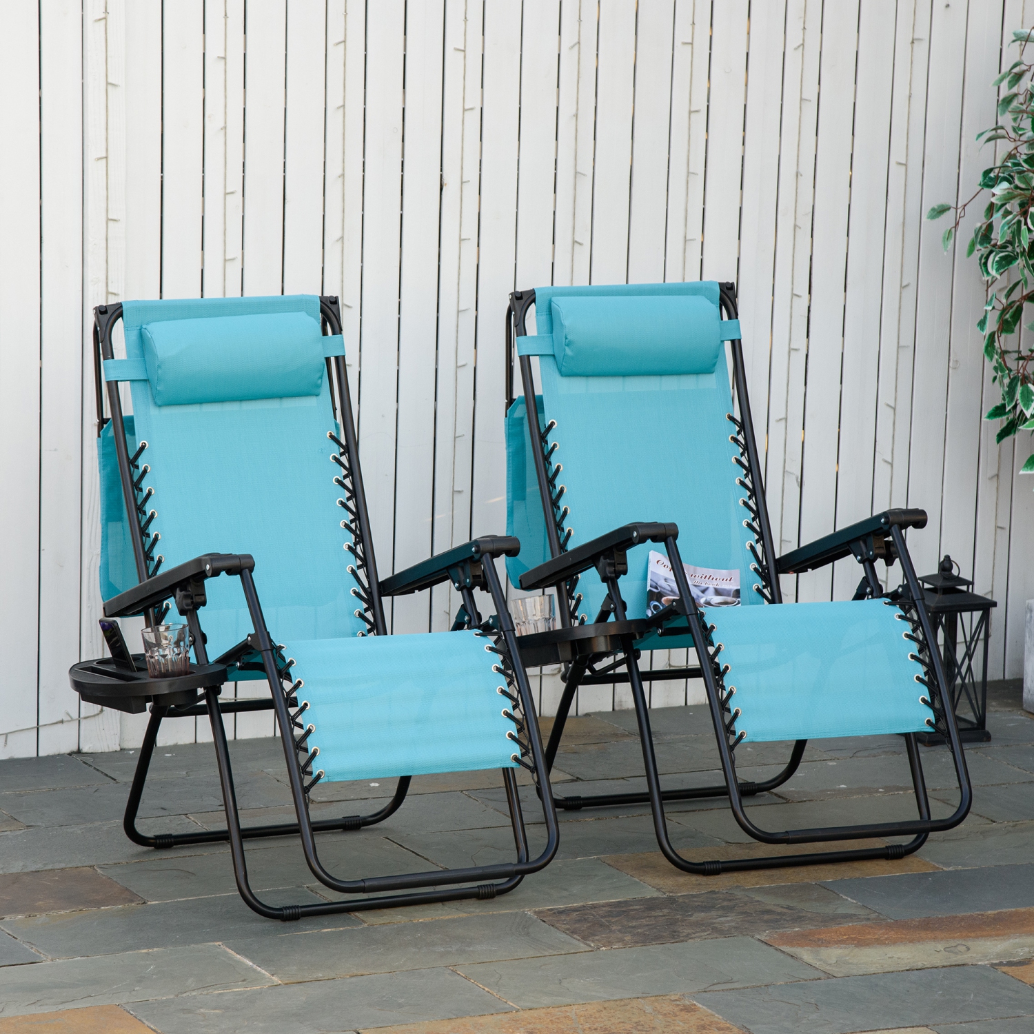Outsunny Lot de 2 chaises longue pliables de jardin zéro gravité pare-soleil et dossier réglable plateau porte-gobelet accessoires métal textilène