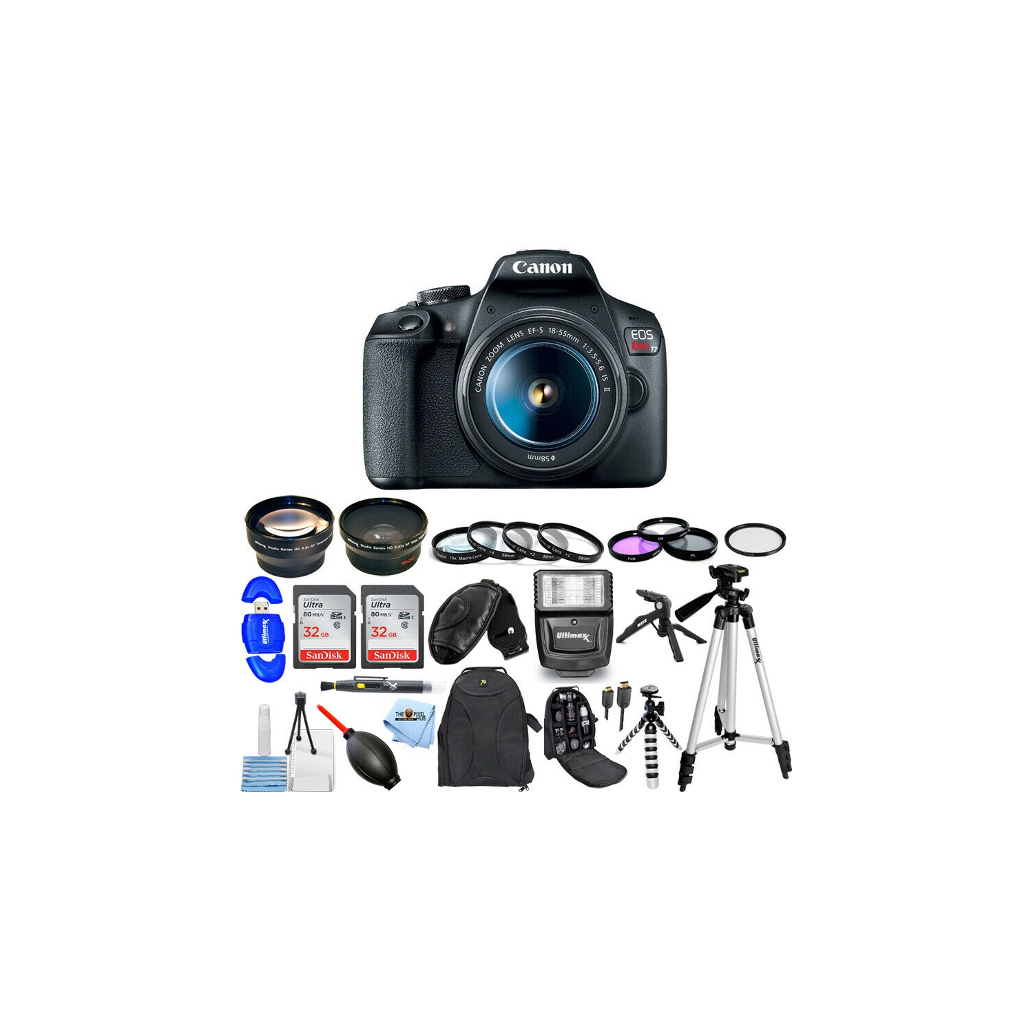 Canon EOS Rebel T7 Camera 3 Lens Kit 18-55mm + 32GB + Flash Top Value Bundle