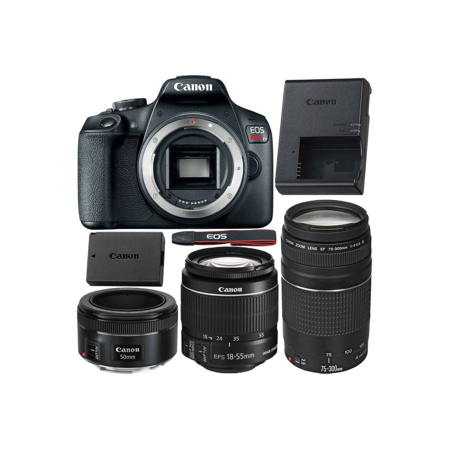 Canon EOS Rebel T7 DSLR with 18-55mm + 75-300mm + 50mm Lenses - Top Value Bundle