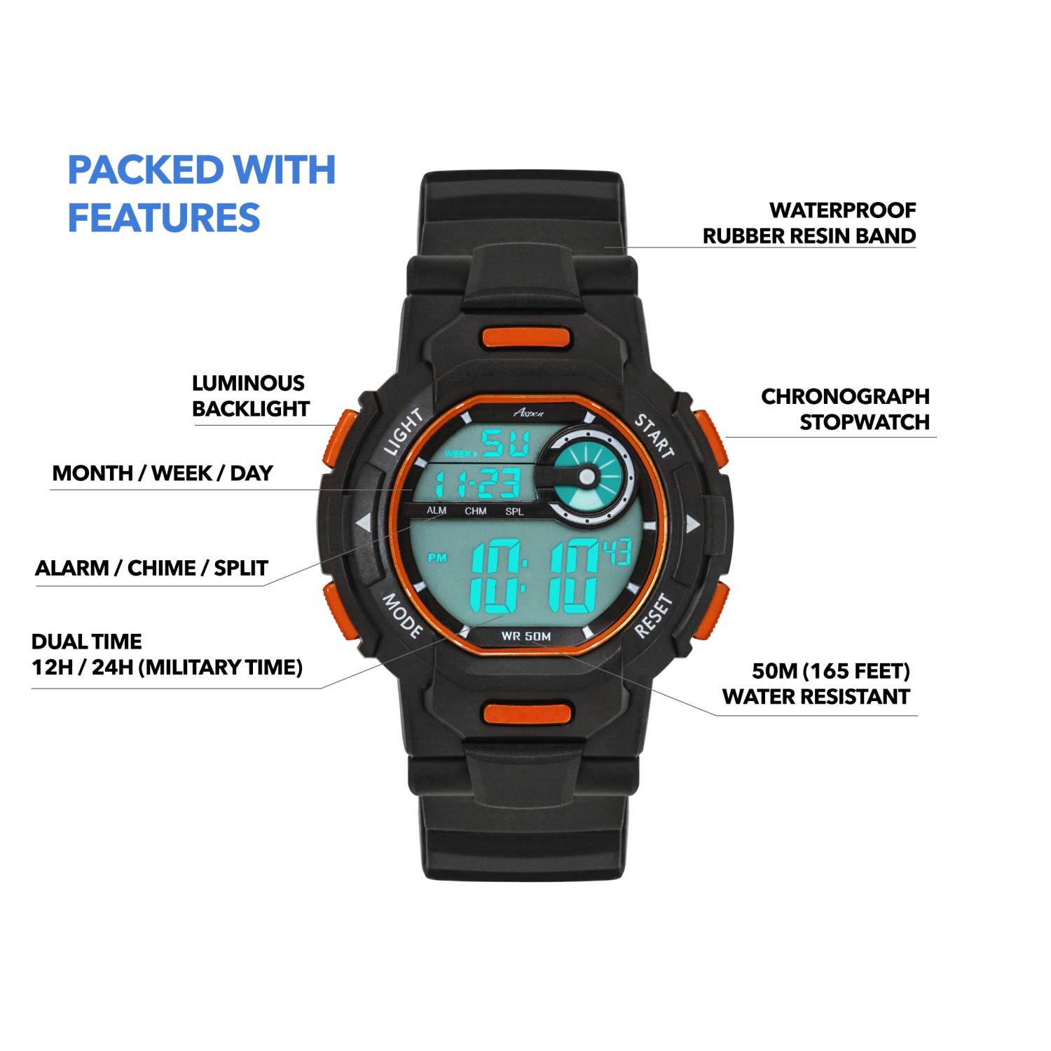 Mens Digital Sports Watch, 46mm Large Face Digital Chronograph, Resin Strap, Military Time 12H/24H, Light Up, Alarm, Stopwatch, Water Resistant