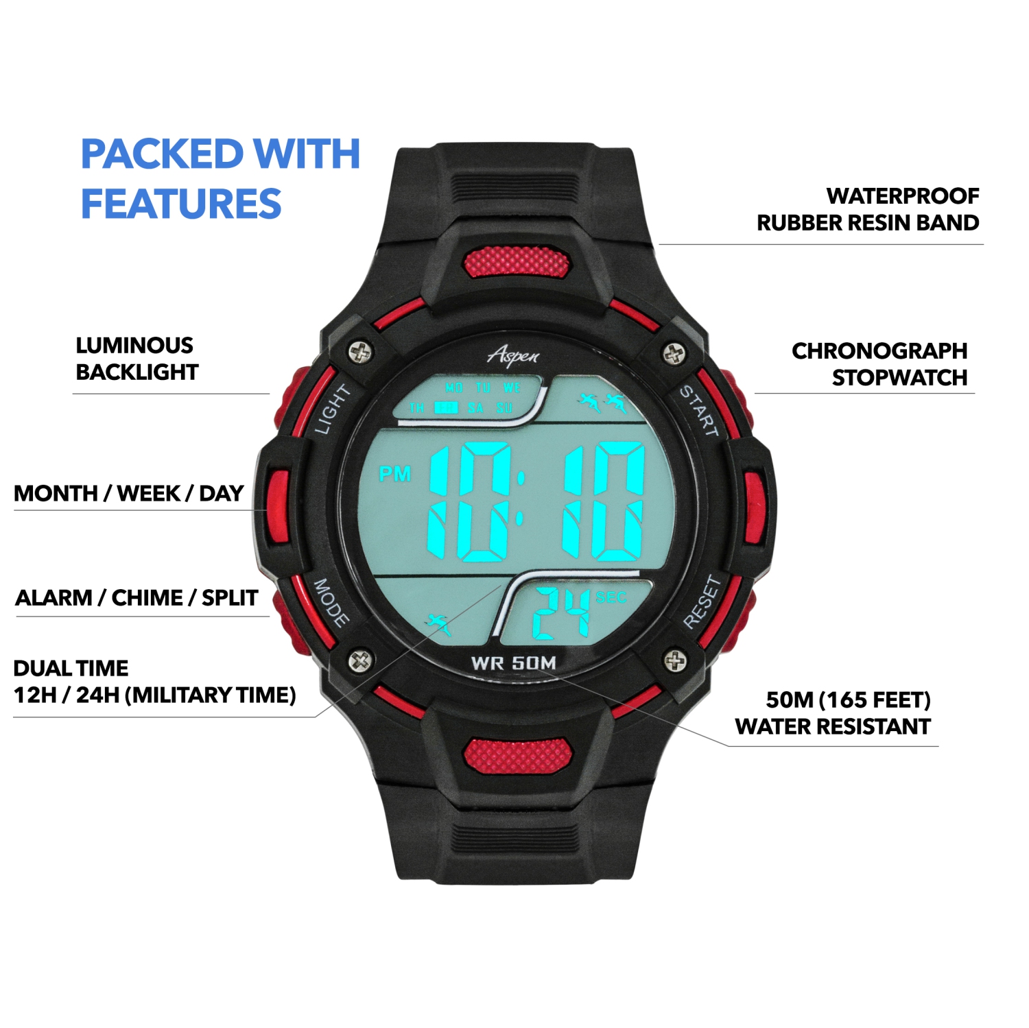 Montre de sport numérique pour hommes de 44mm, chronographe numérique avec grand écran, bracelet en résine, heure militaire 12H/24H, s'allume,