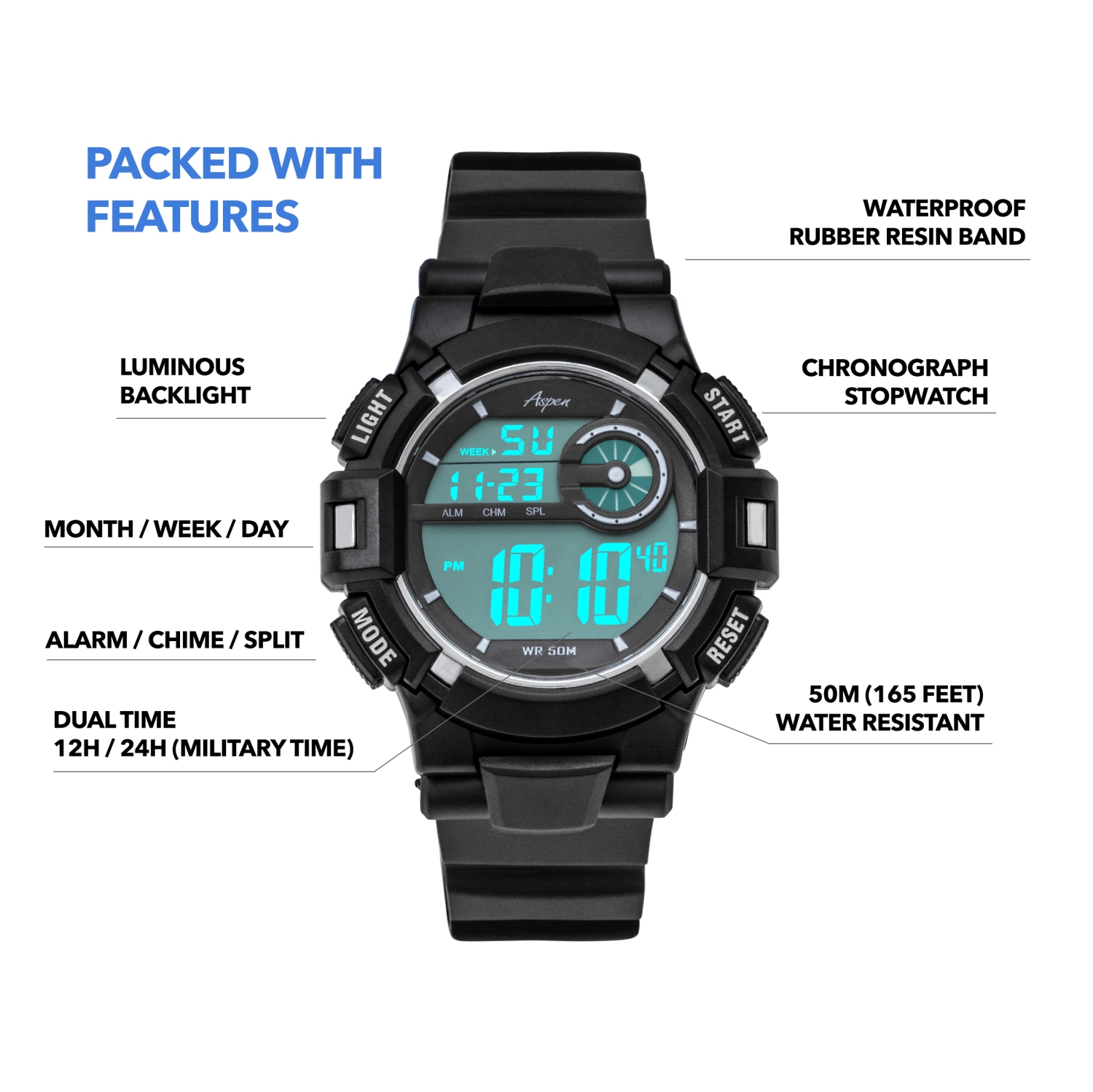 Mens Digital Sports Watch, 46mm Large Face Digital Chronograph, Resin Strap, Military Time 12H/24H, Light Up, Alarm, Stopwatch, Water Resistant