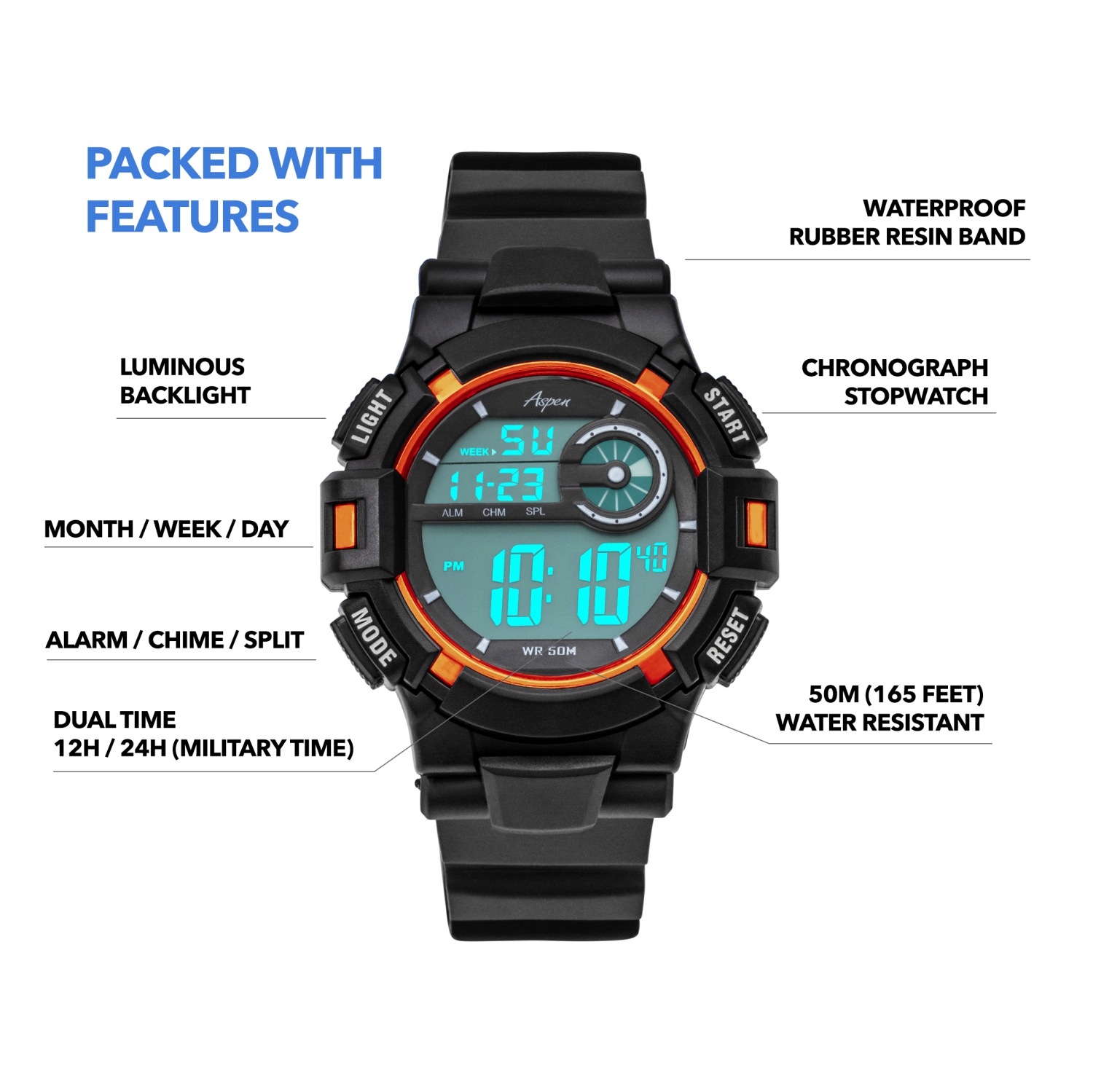 Mens Digital Sports Watch, 46mm Large Face Digital Chronograph, Resin Strap, Military Time 12H/24H, Light Up, Alarm, Stopwatch, Water Resistant