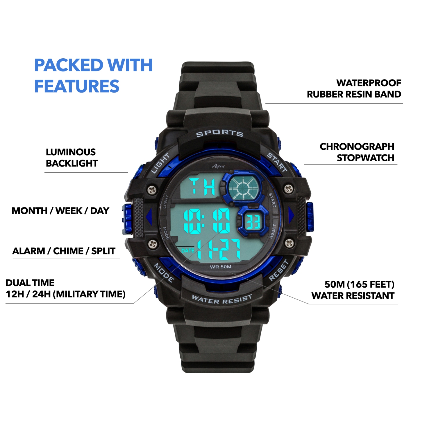 Mens Digital Sports Watch, 48mm Large Face Digital Chronograph, Resin Strap, Military Time 12H/24H, Light Up, Alarm, Stopwatch, Water Resistant