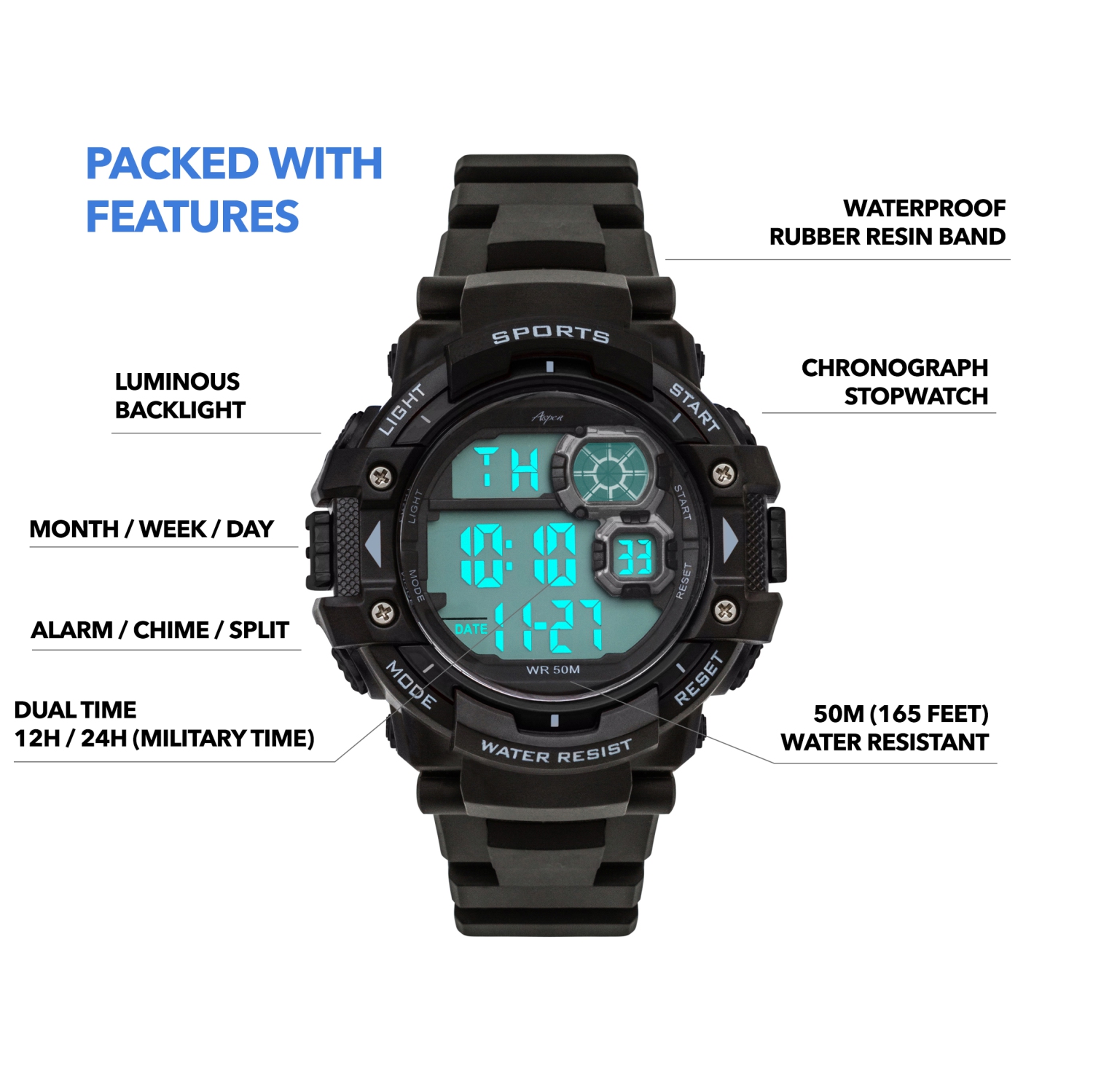 Mens Digital Sports Watch, 48mm Large Face Digital Chronograph, Resin Strap, Military Time 12H/24H, Light Up, Alarm, Stopwatch, Water Resistant