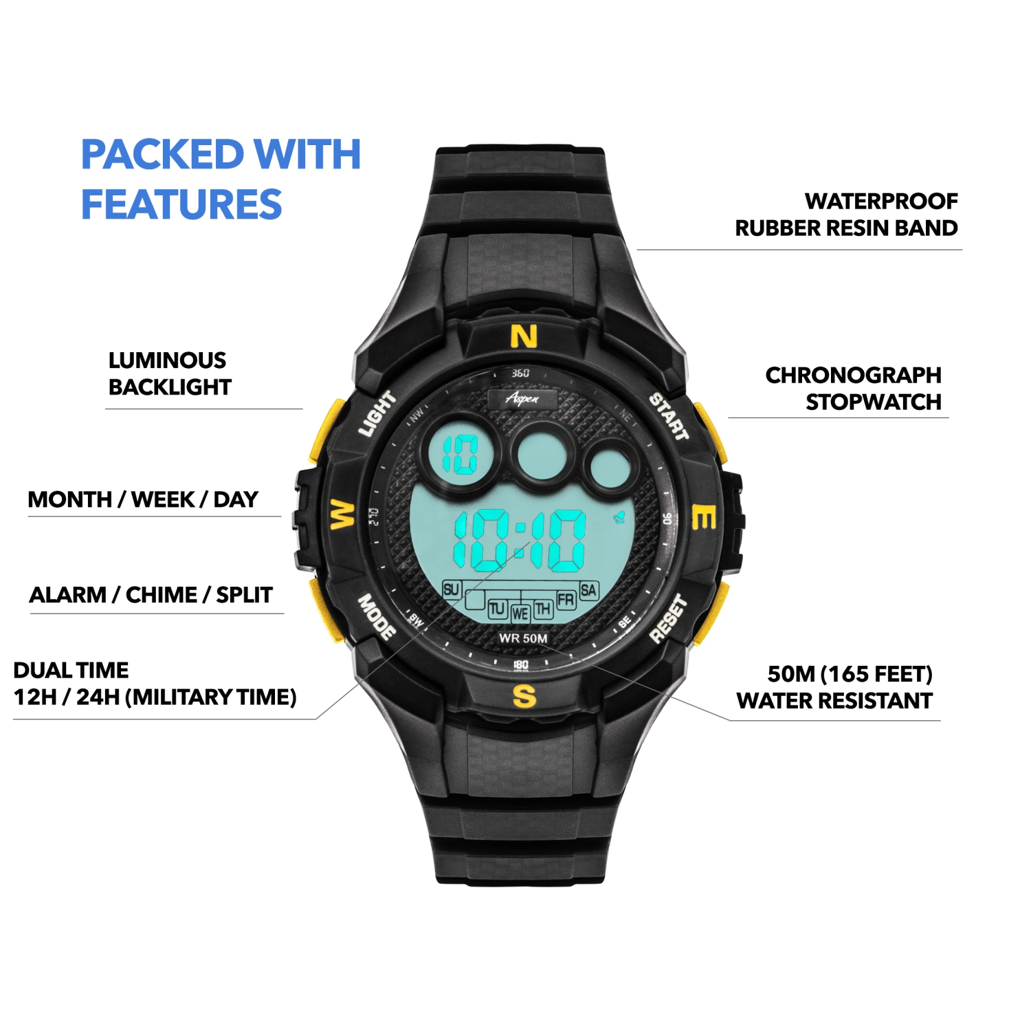 Mens Digital Sports Watch, 50mm Large Face Digital Chronograph, Resin Strap, Military Time 12H/24H, Light Up, Alarm, Stopwatch, Water Resistant