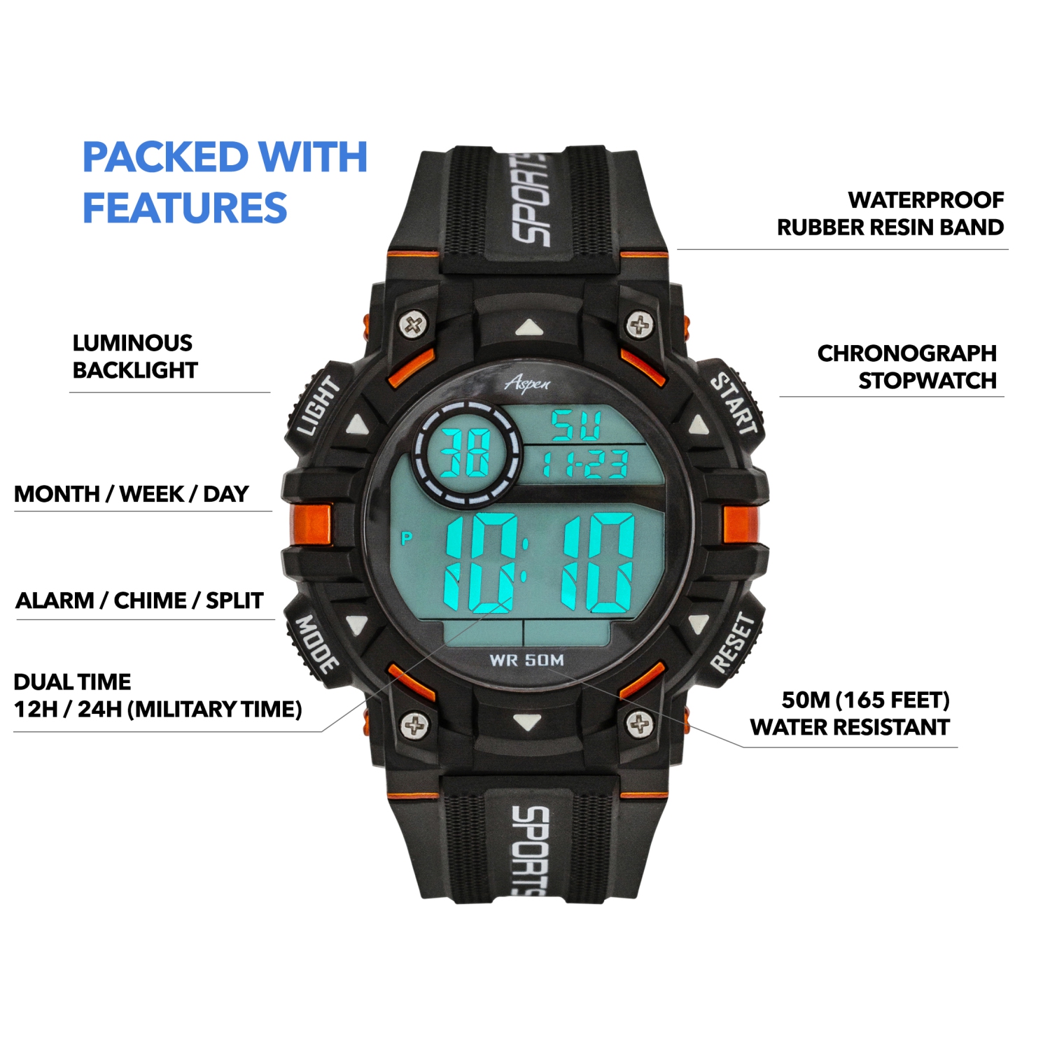 Montre de sport numérique pour hommes de 51mm, chronographe numérique avec grand écran, bracelet en résine, heure militaire 12H/24H, s'allume,