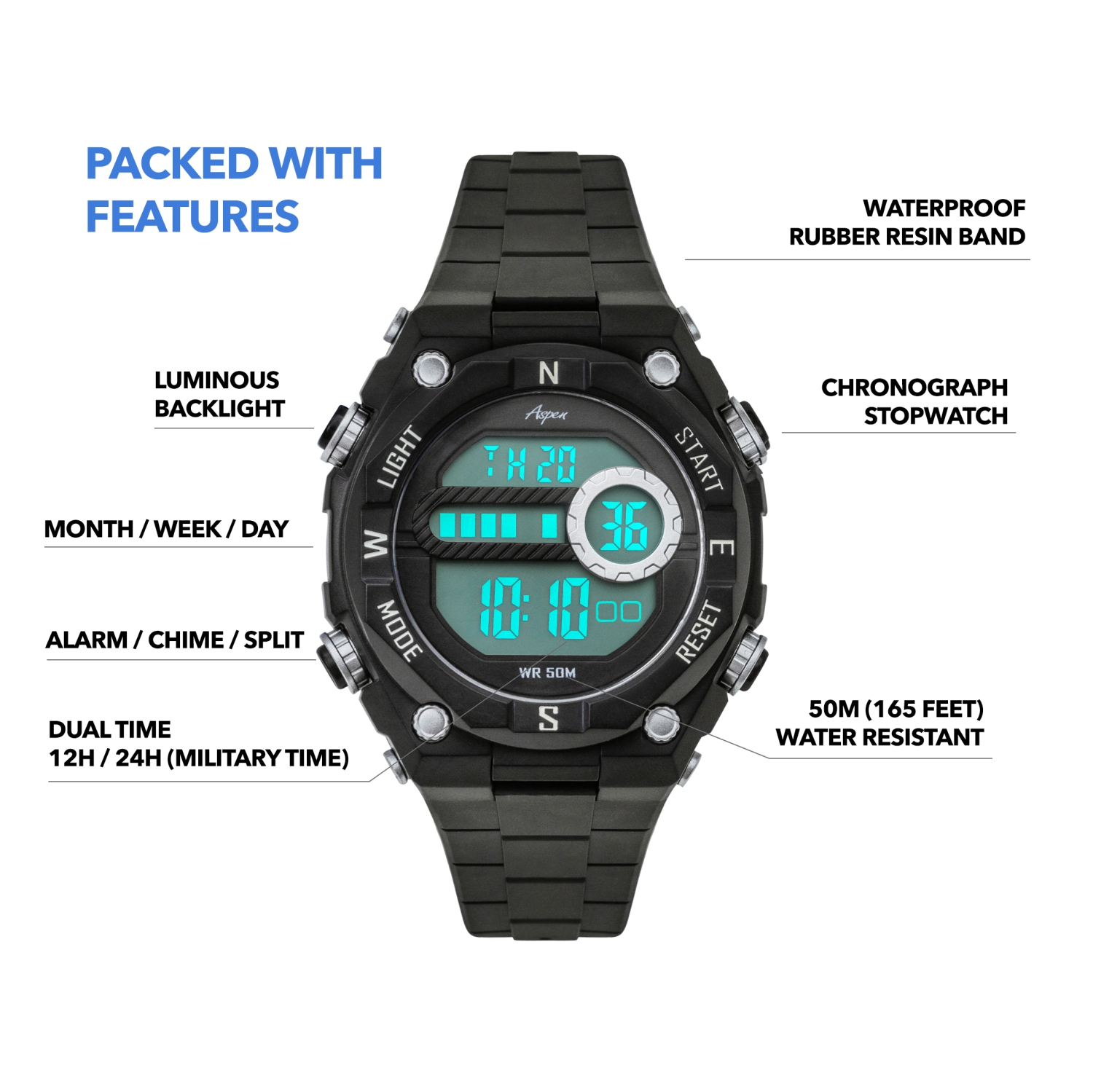 Mens Digital Sports Watch, 44mm Large Face Digital Chronograph, Resin Strap, Military Time 12H/24H, Light Up, Alarm, Stopwatch, Water Resistant