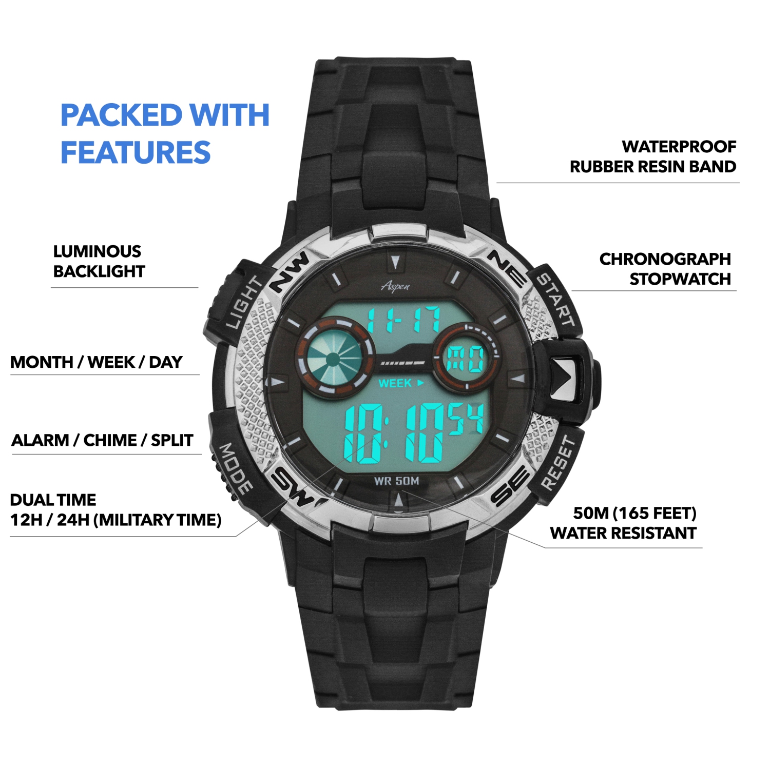Mens Digital Sports Watch, 46mm Large Face Digital Chronograph, Resin Strap, Military Time 12H/24H, Light Up, Alarm, Stopwatch, Water Resistant