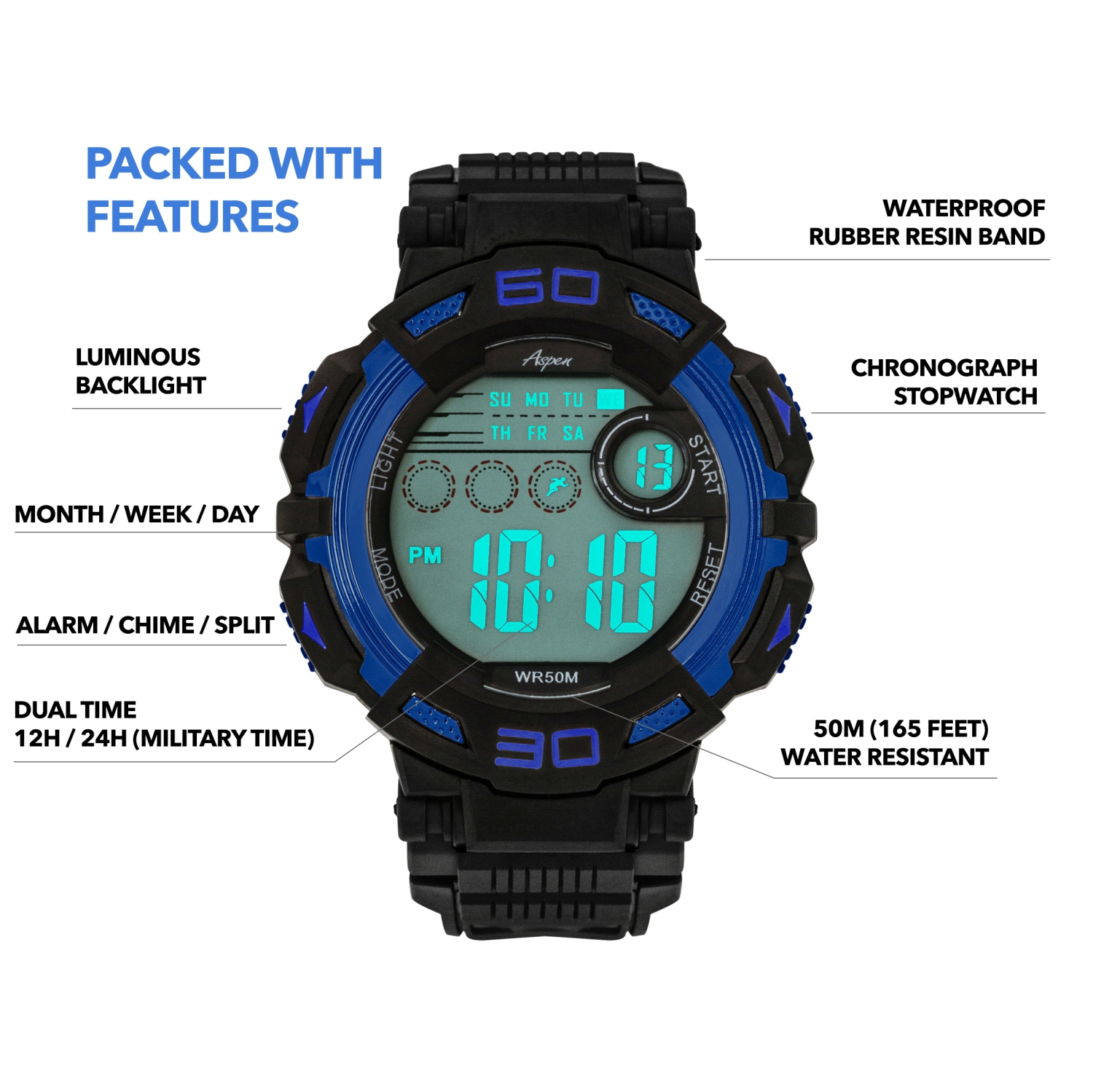 Mens Digital Sports Watch, 45mm Large Face Digital Chronograph, Resin Strap, Military Time 12H/24H, Light Up, Alarm, Stopwatch, Water Resistant
