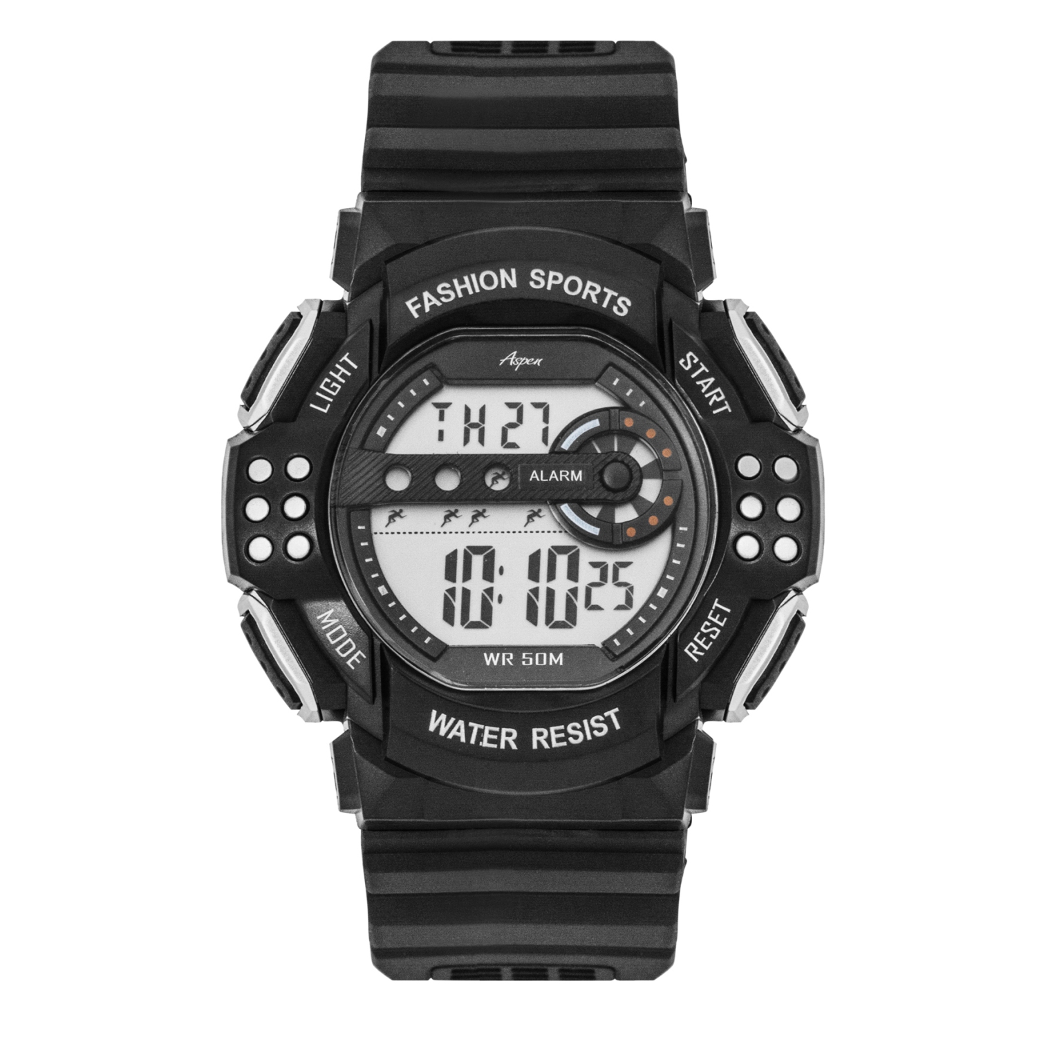 Montre de sport numérique pour hommes de 45mm, chronographe numérique avec grand écran, bracelet en résine, heure militaire 12H/24H, s'allume,