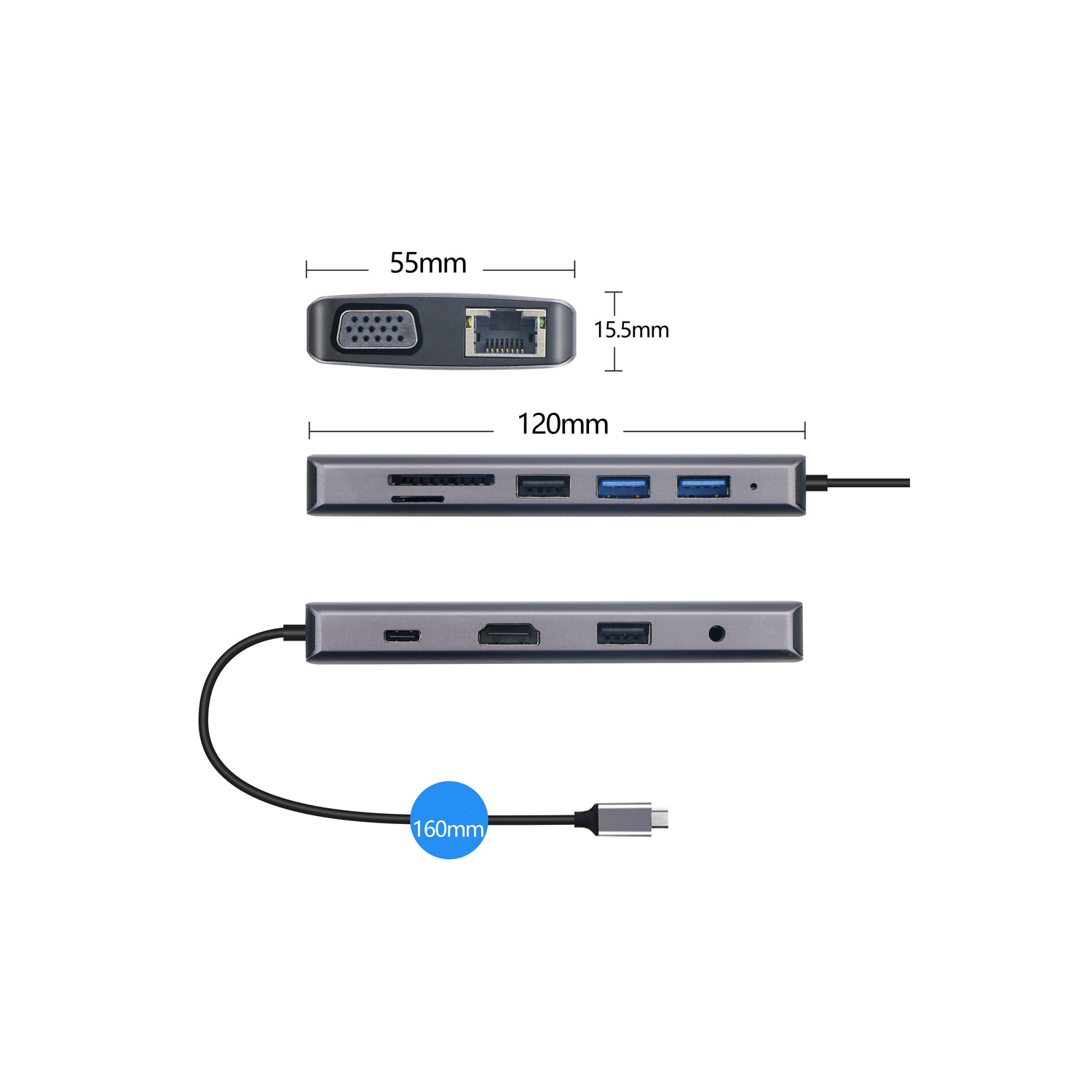 USB C Hub 8-in-1 VGA Gigabite RJ45 SD/TF USB HUB AUDIO HDMI PD Multiport - axGear