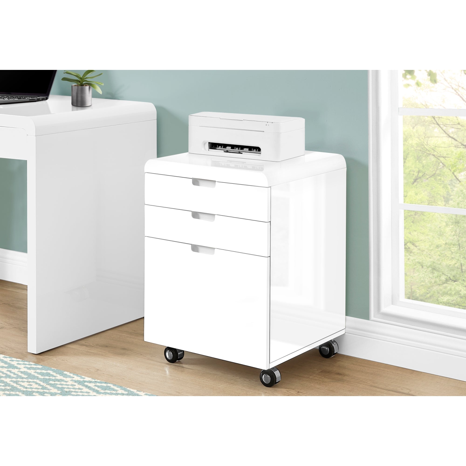 Monarch Specialties I 7583 Filing Cabinet 3 Drawer High Glossy White Castors
