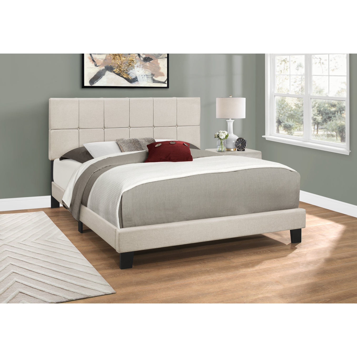 Monarch Specialties I 5605Q Bed Queen Size Beige Linen